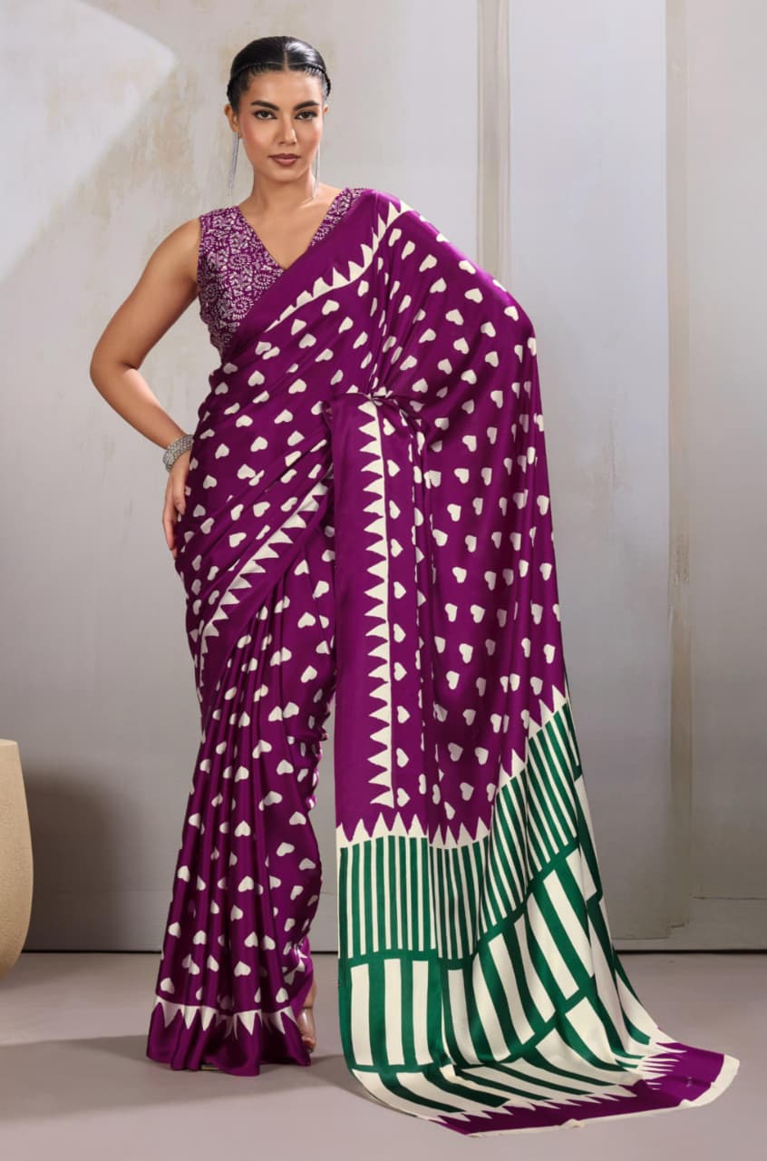 Magenta Modal Satin Ajrakh Print Saree