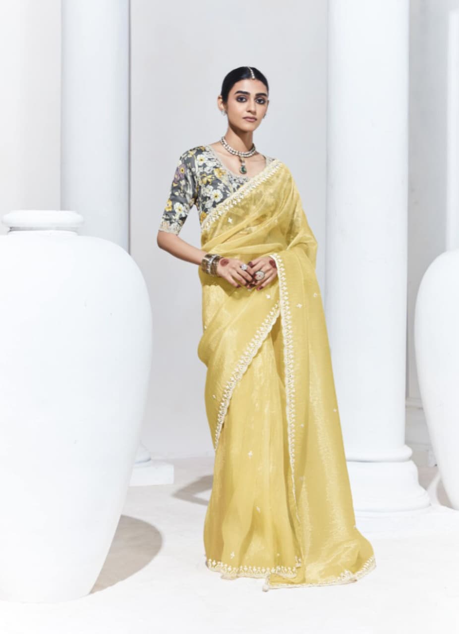 Lemon Yellow Glass Tissue Embroidered Saree