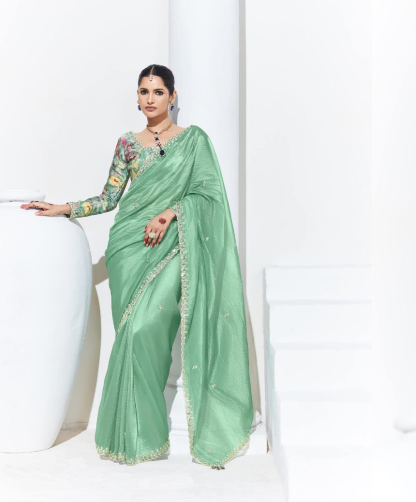 Mint Green Glass Tissue Embroidered Saree