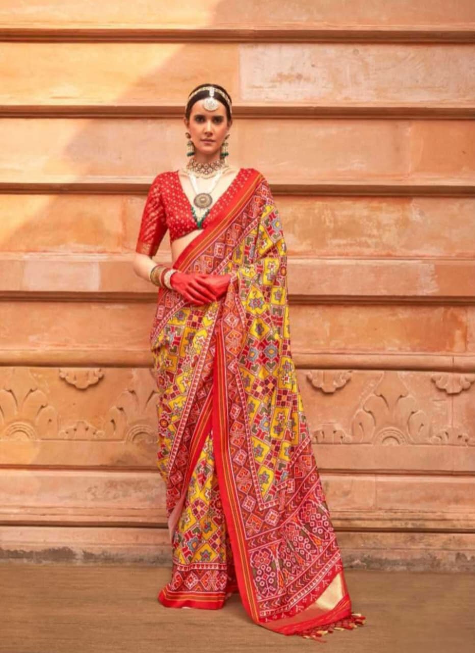 Red White Soft P.V.Silk Patola Print Weaving Saree
