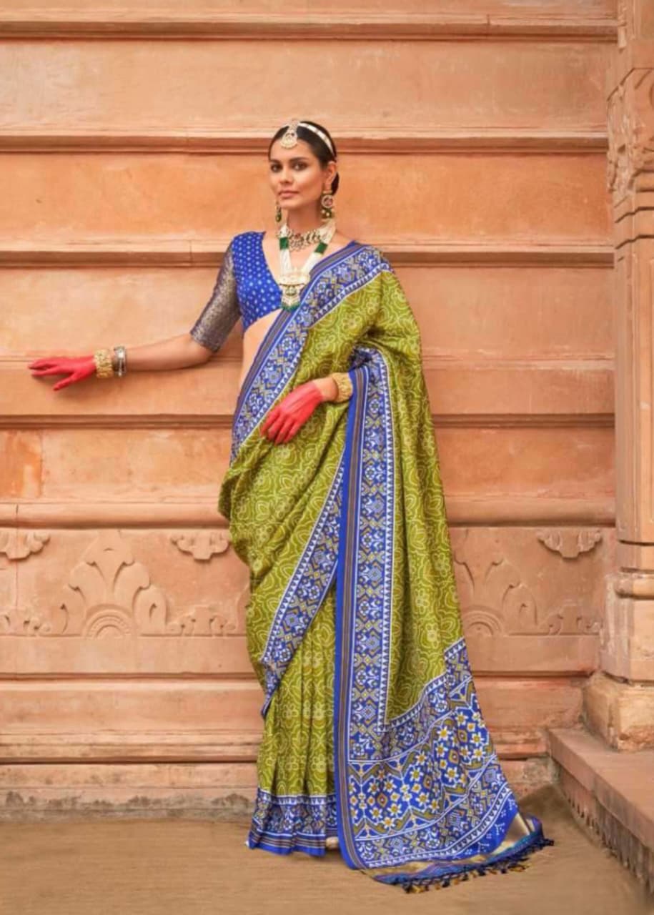 Olive Green Blue Soft P.V.Silk Patola Print Weaving Saree