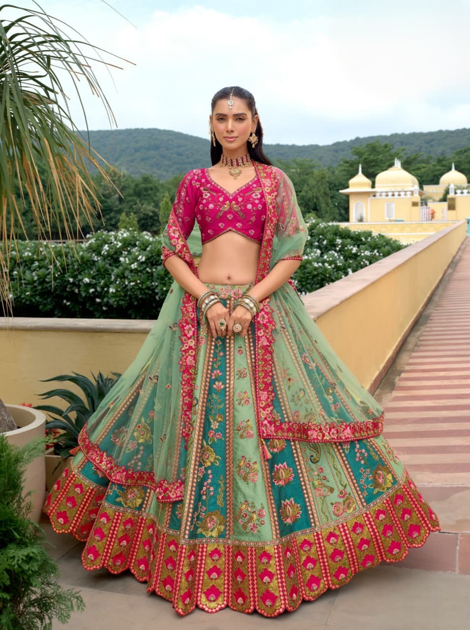 Teal Green Pink Fancy Silk Cutwork Designer Lehenga