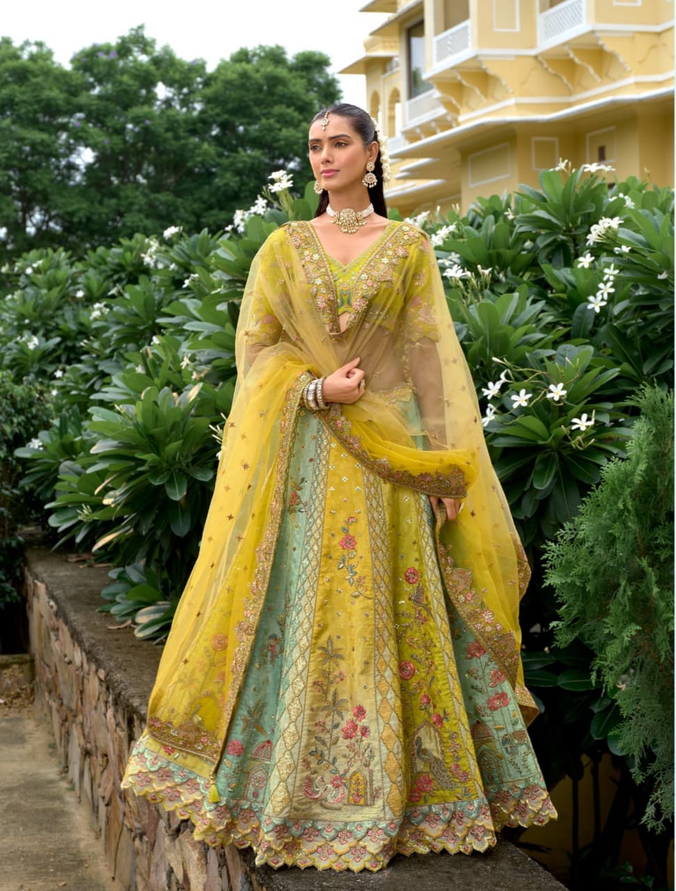 Lemon Green Pastel Fancy Silk Cutwork Designer Lehenga