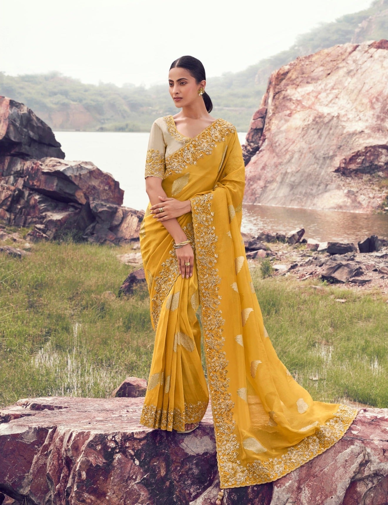 Yellow Tissue Silk Jacquard Saree