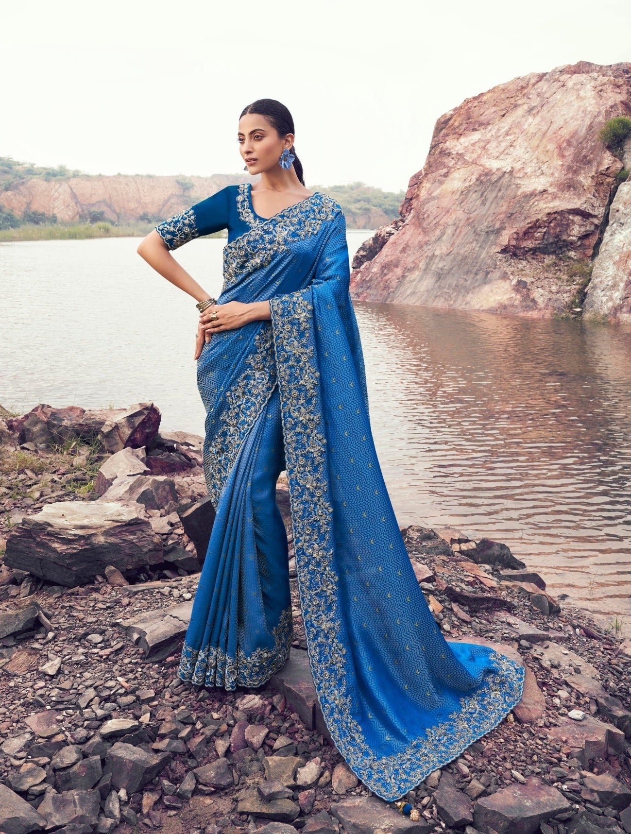 Royal Blue Pure Satin Silk Jacquard Saree