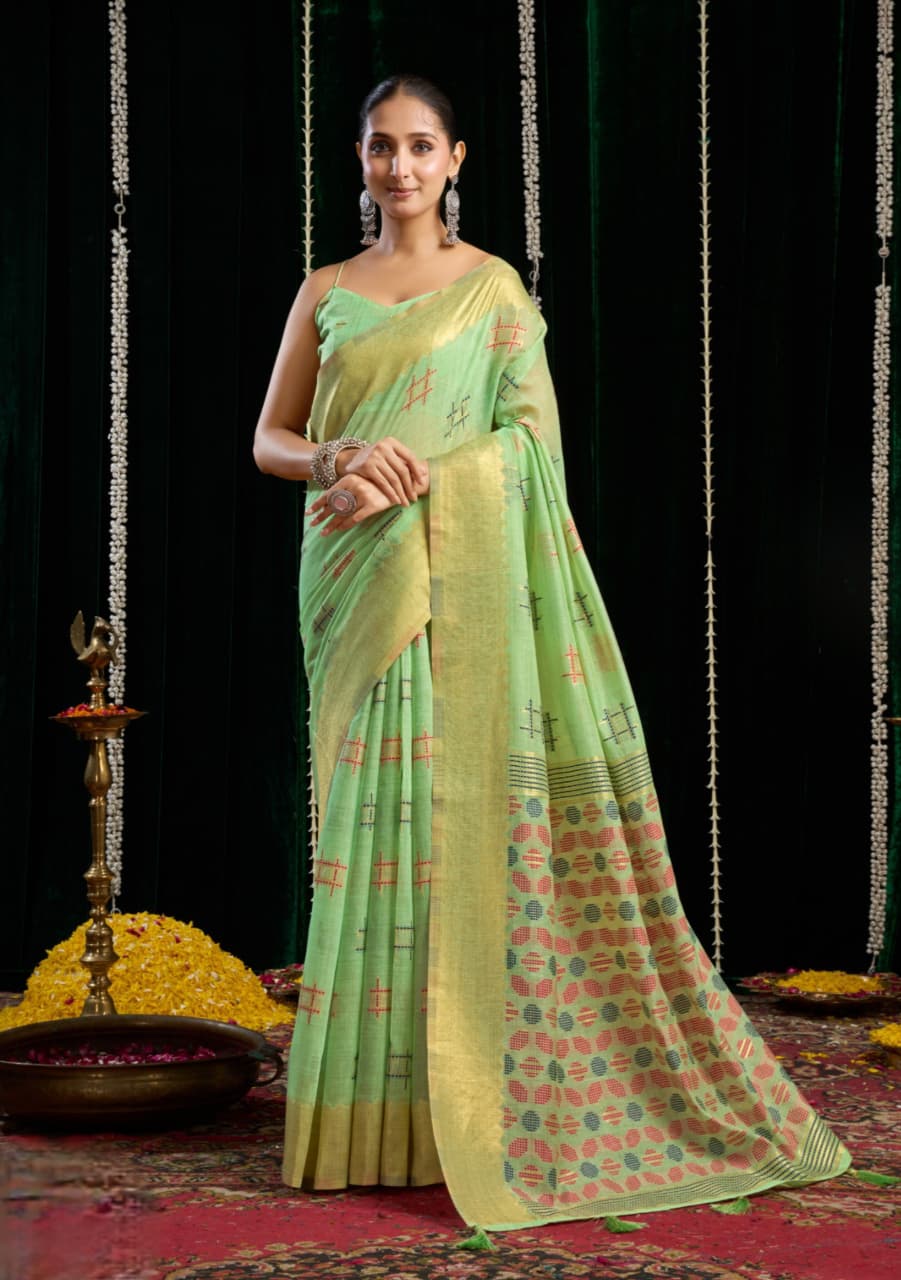Mint Green Soft Spun Cotton Jari Border Zhallar Saree
