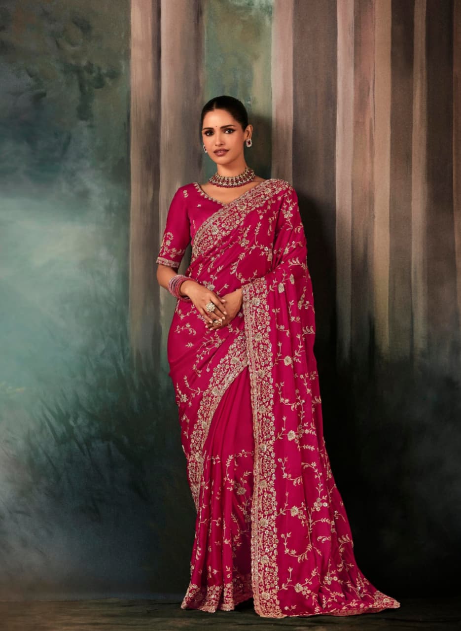 Magenta Pink Soft Satin Aari Work Handwork Saree