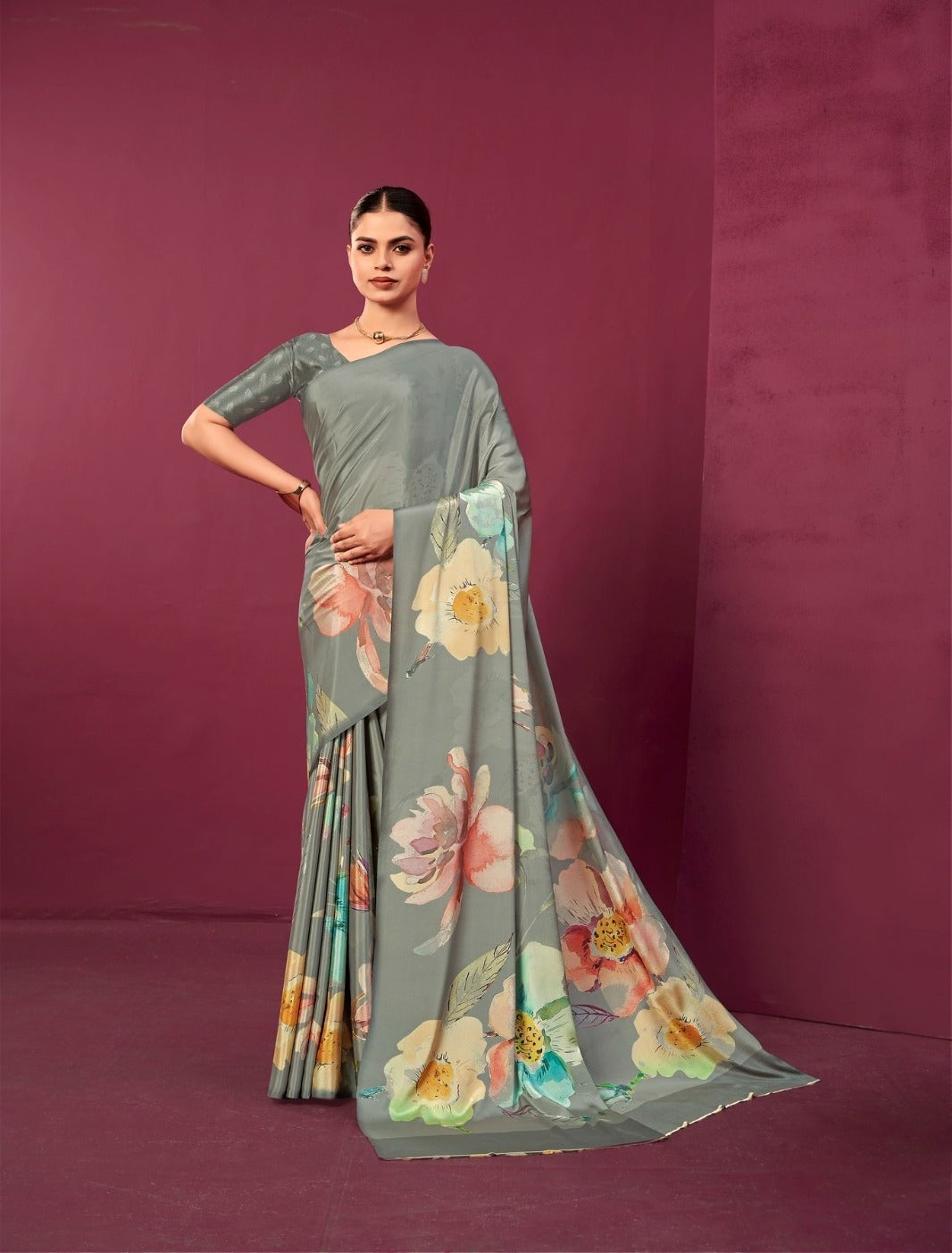 Sage Grey Malai Silk Crepe Digital Print Floral Saree