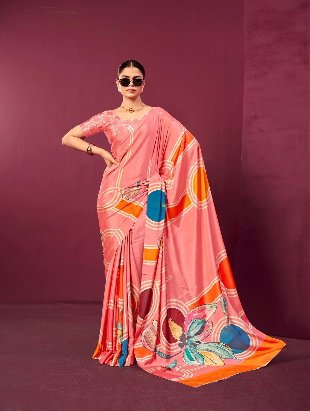Coral Pink Malai Silk Crepe Digital Print Abstract Saree