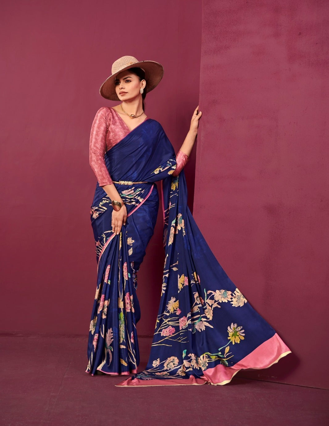 Navy Blue Malai Silk Crepe Digital Print Floral Saree