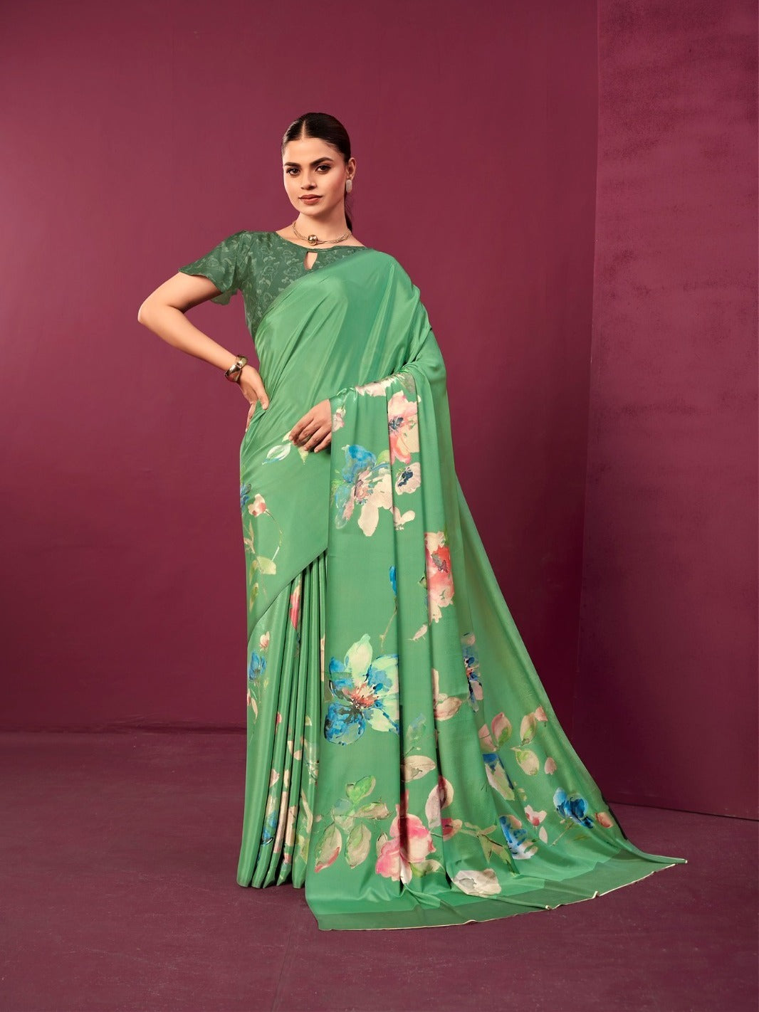Sea Green Malai Silk Crepe Digital Print Floral Saree