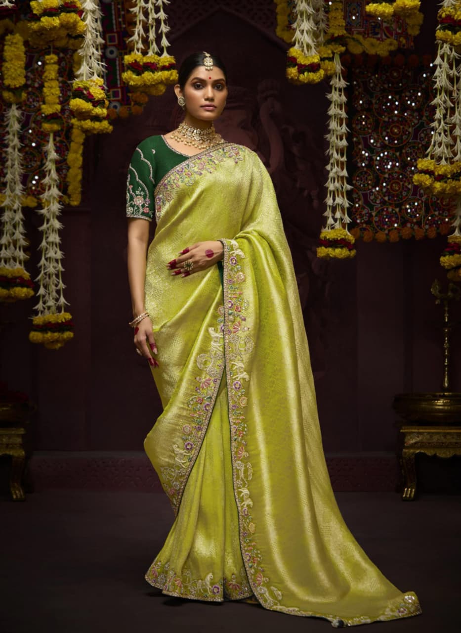 Lime Green Pure Banarasi Kanjivaram Zari Weaving Saree