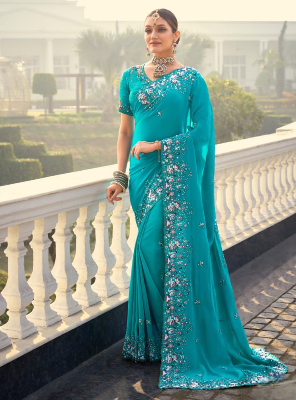 Firozi Pure Crape Jarkan Work Saree