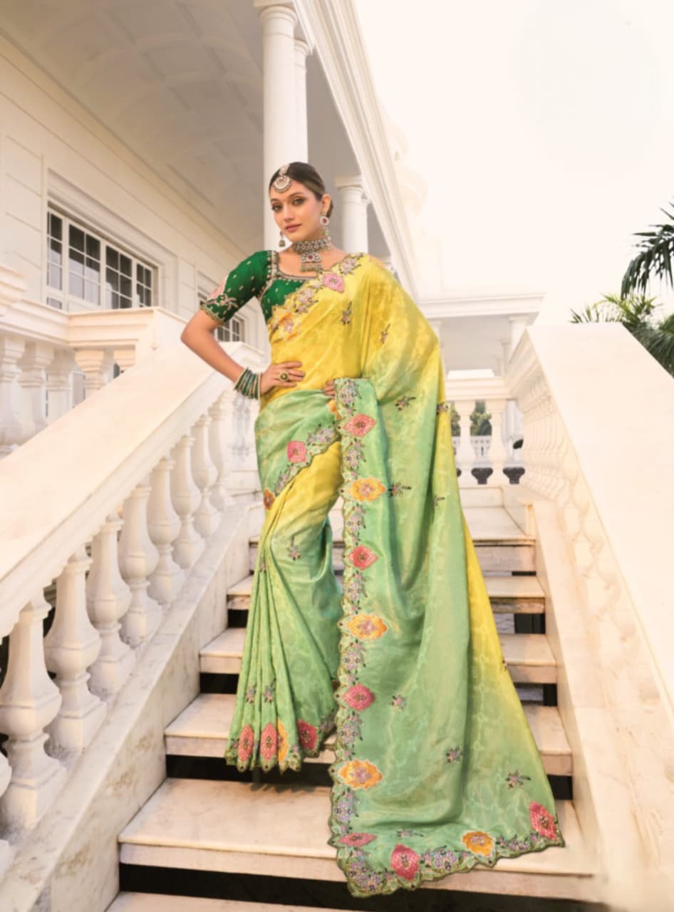 Lemon To Green Natural Crape Jaquard Cut Dana Work Saree