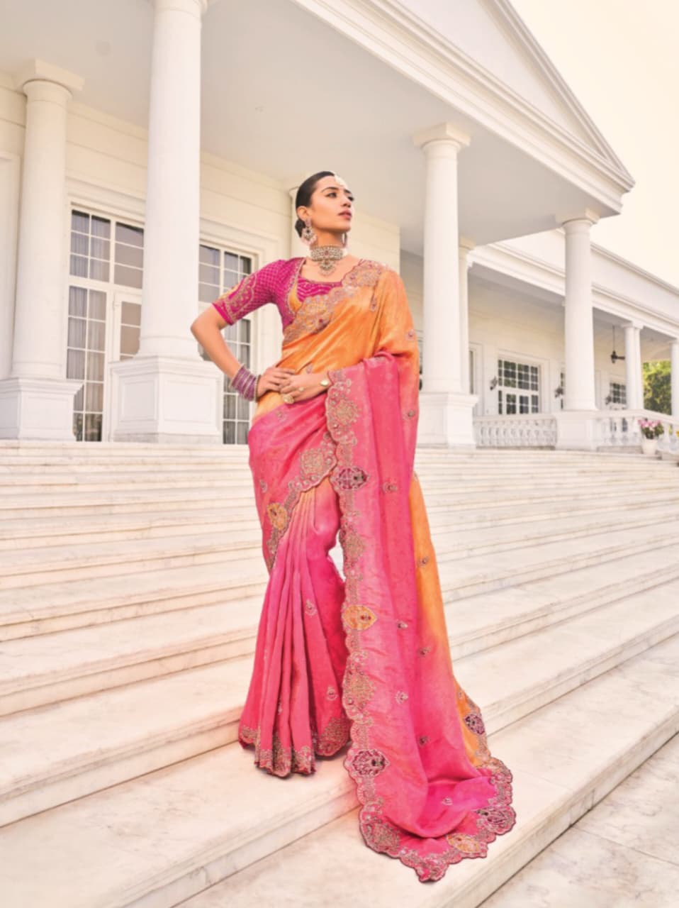 Orange To Rani Natural Crape Jaquard Cut Dana Work Saree