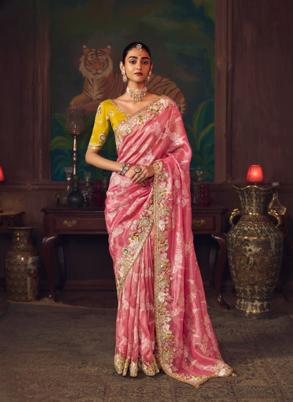Rose Pink Silk Heavy Embroidered Saree