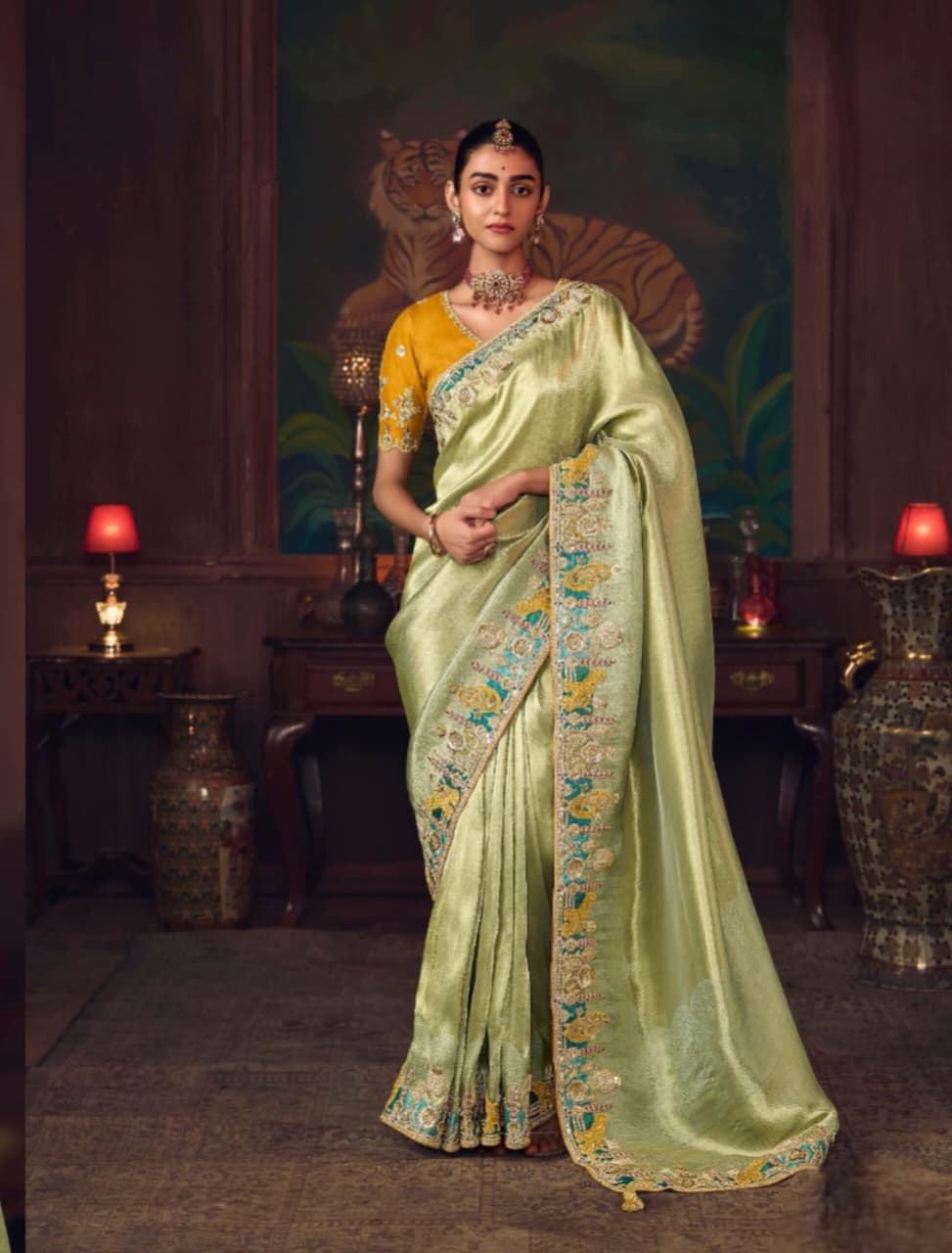 Golden Lime Silk Heavy Embroidered Saree
