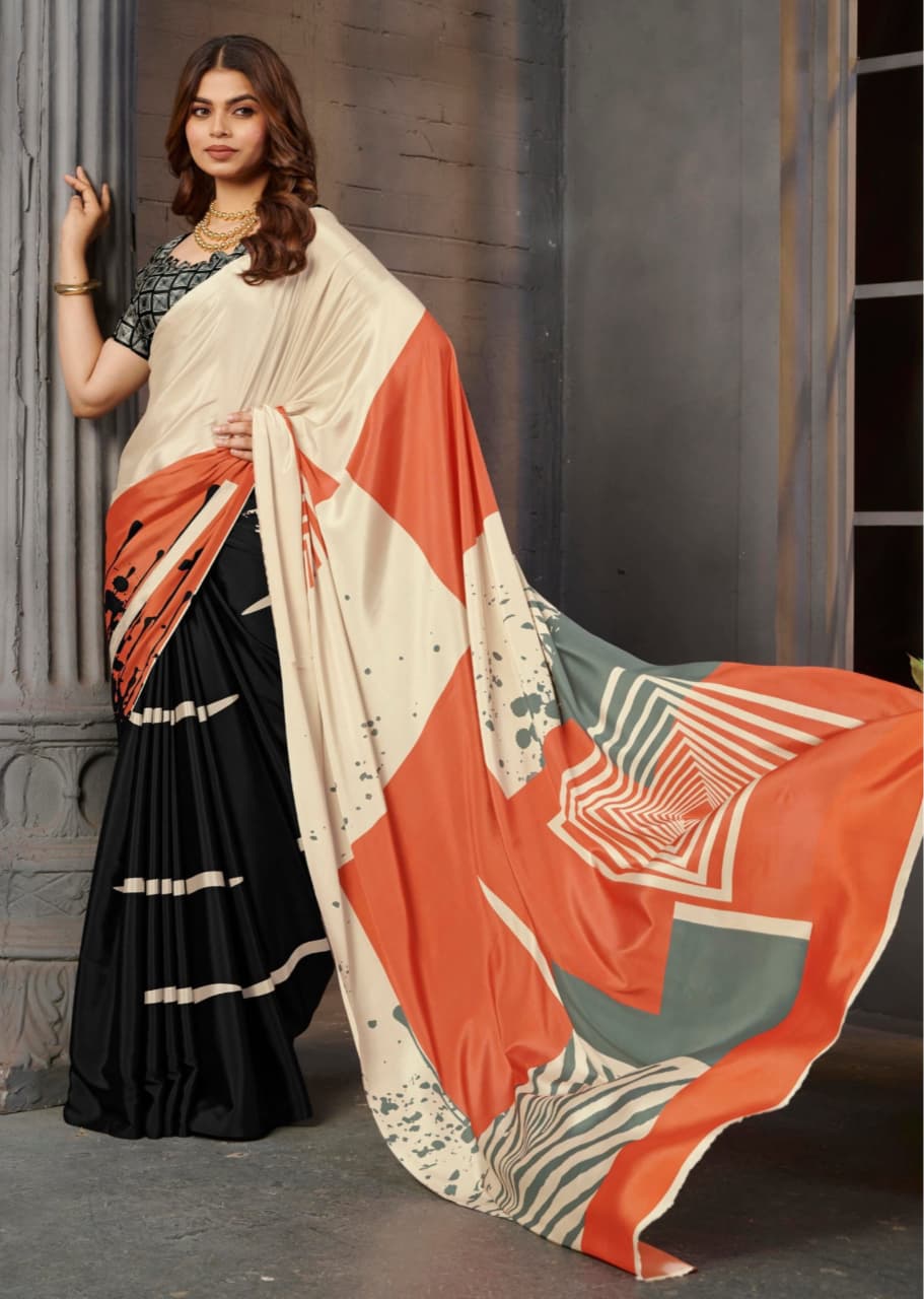 Cream Black Orange Malai Silk Crepe Digital Print Saree