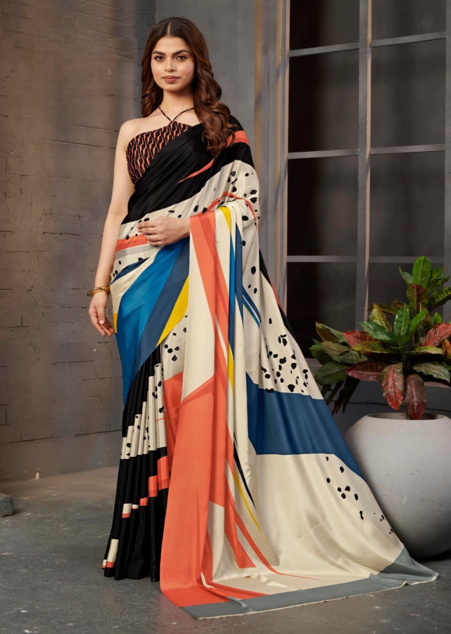 Black Cream Blue Orange Yellow Malai Silk Crepe Digital Print Saree