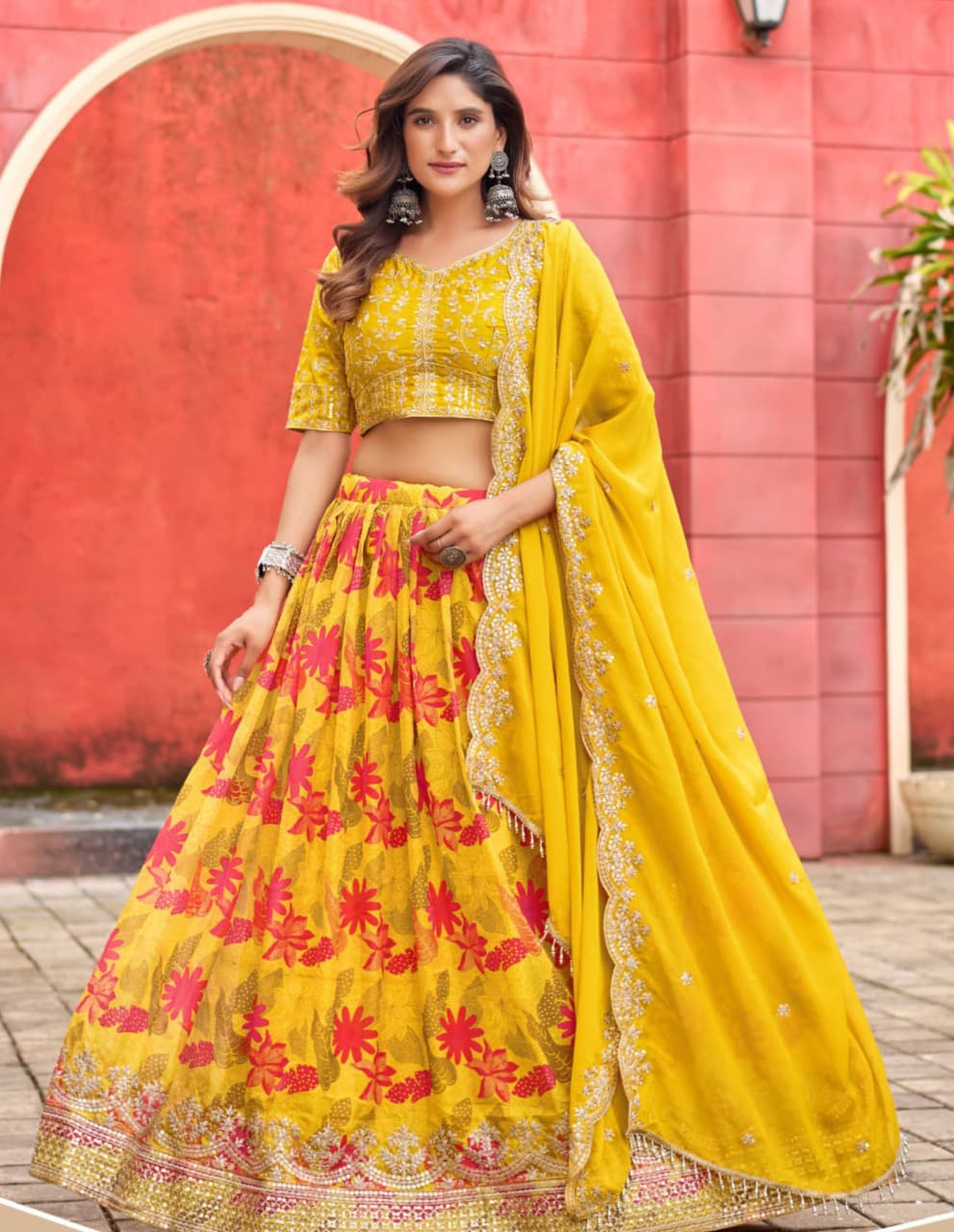 Yellow Tabby Silk Print Lehenga
