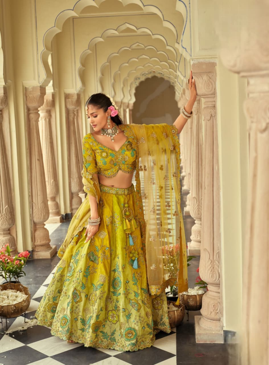 Lime Yellow Silk Heavy Embroidery Cut Work Border Weaving Butti Art Mirror Work Lehenga