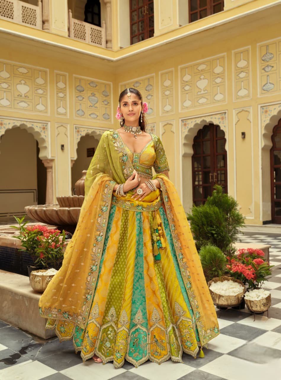 Teal Green Silk Heavy Embroidery Cut Work Border Weaving Butti Art Mirror Work Lehenga