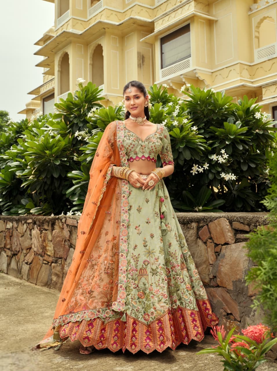 Peach Silk Heavy Embroidery Cut Work Border Weaving Butti Art Mirror Work Lehenga
