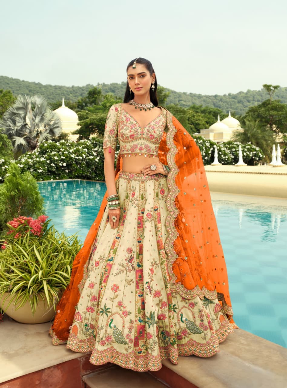 Cream Beige Silk Heavy Embroidery Cut Work Border Weaving Butti Art Mirror Work Lehenga