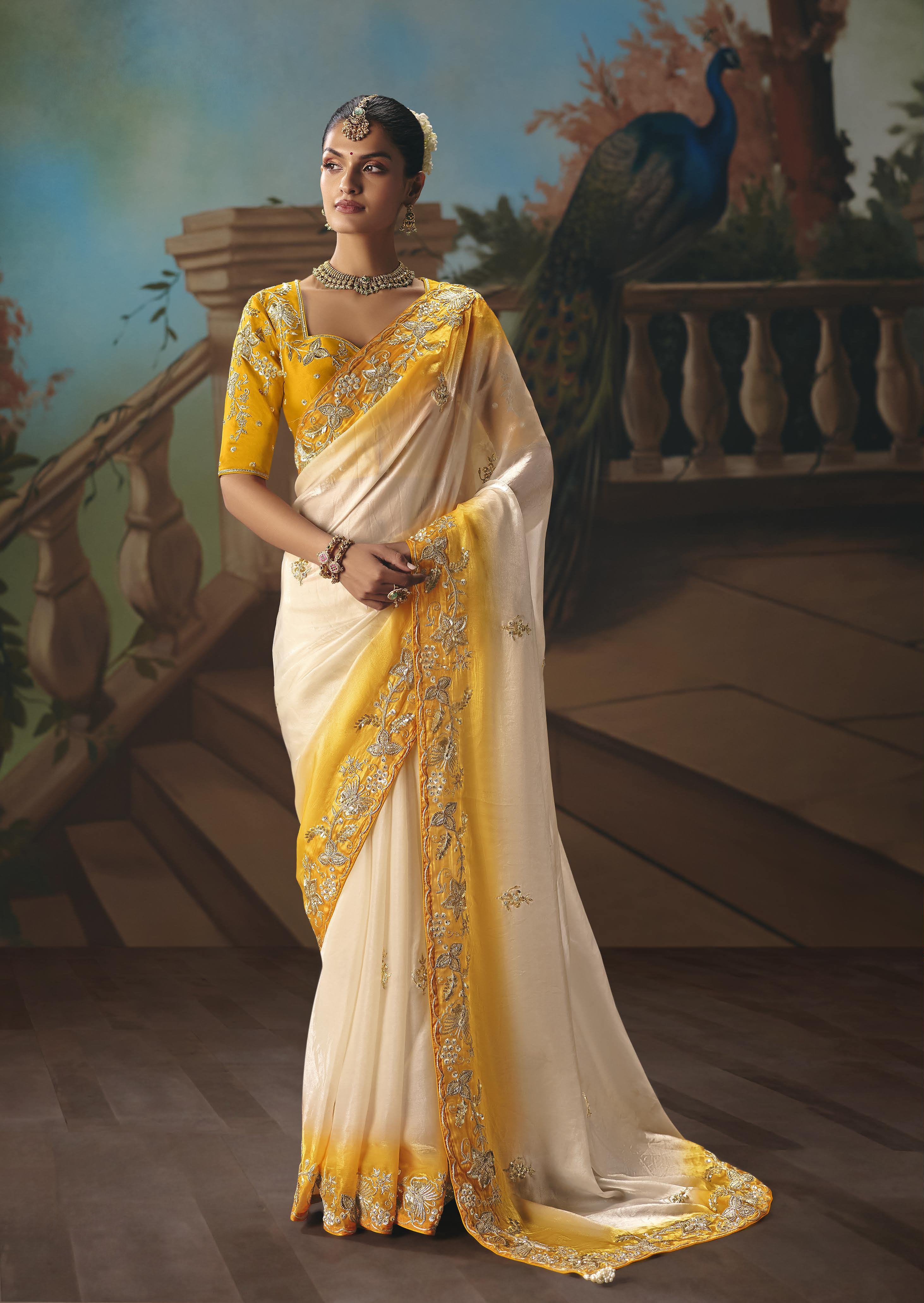 Yellow Glass Tissue Embroidery Saree