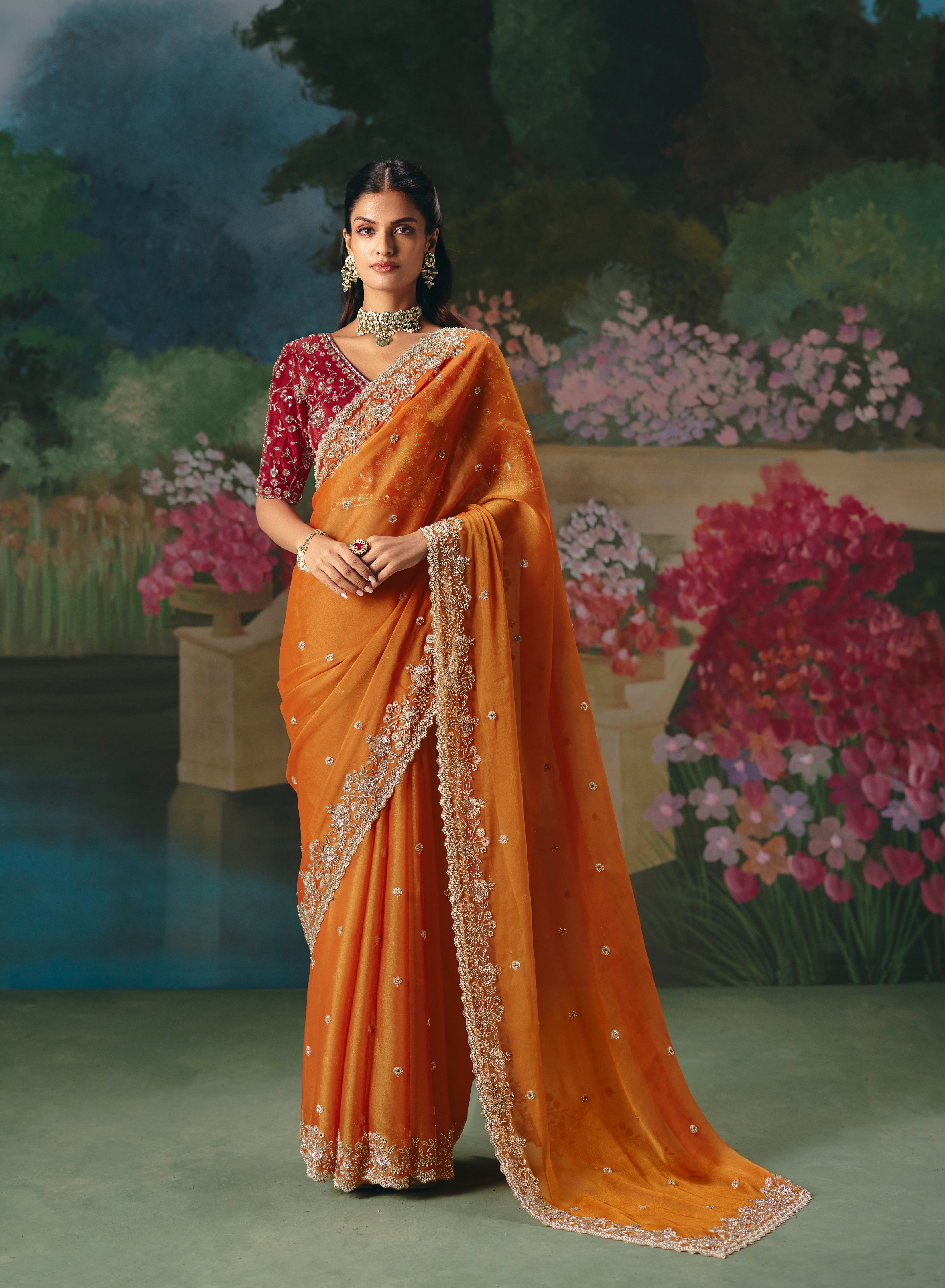 Orange Premium Fancy Heavy Beads Work Saree