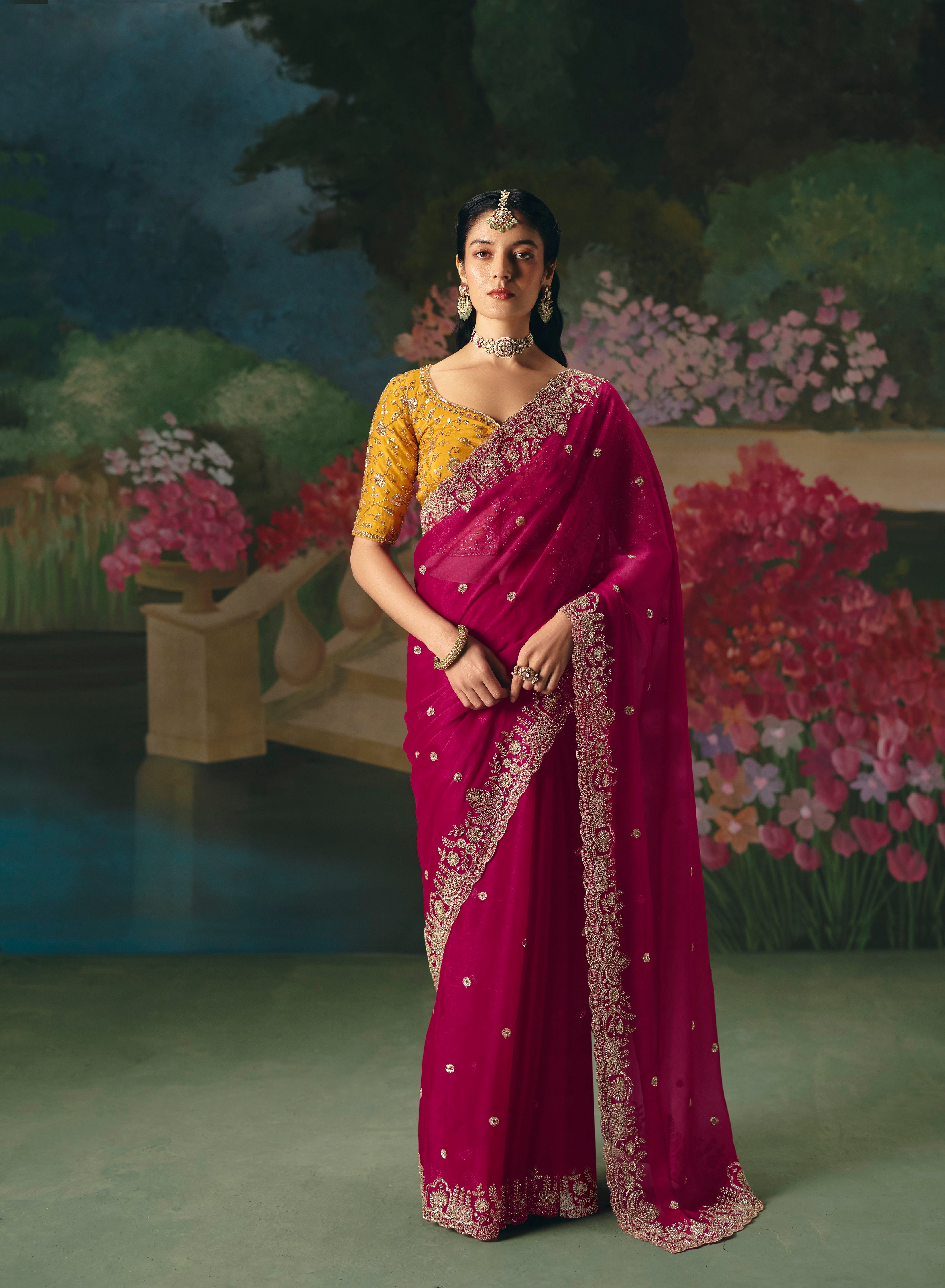 Rani Pink Premium Fancy Heavy Beads Work Saree