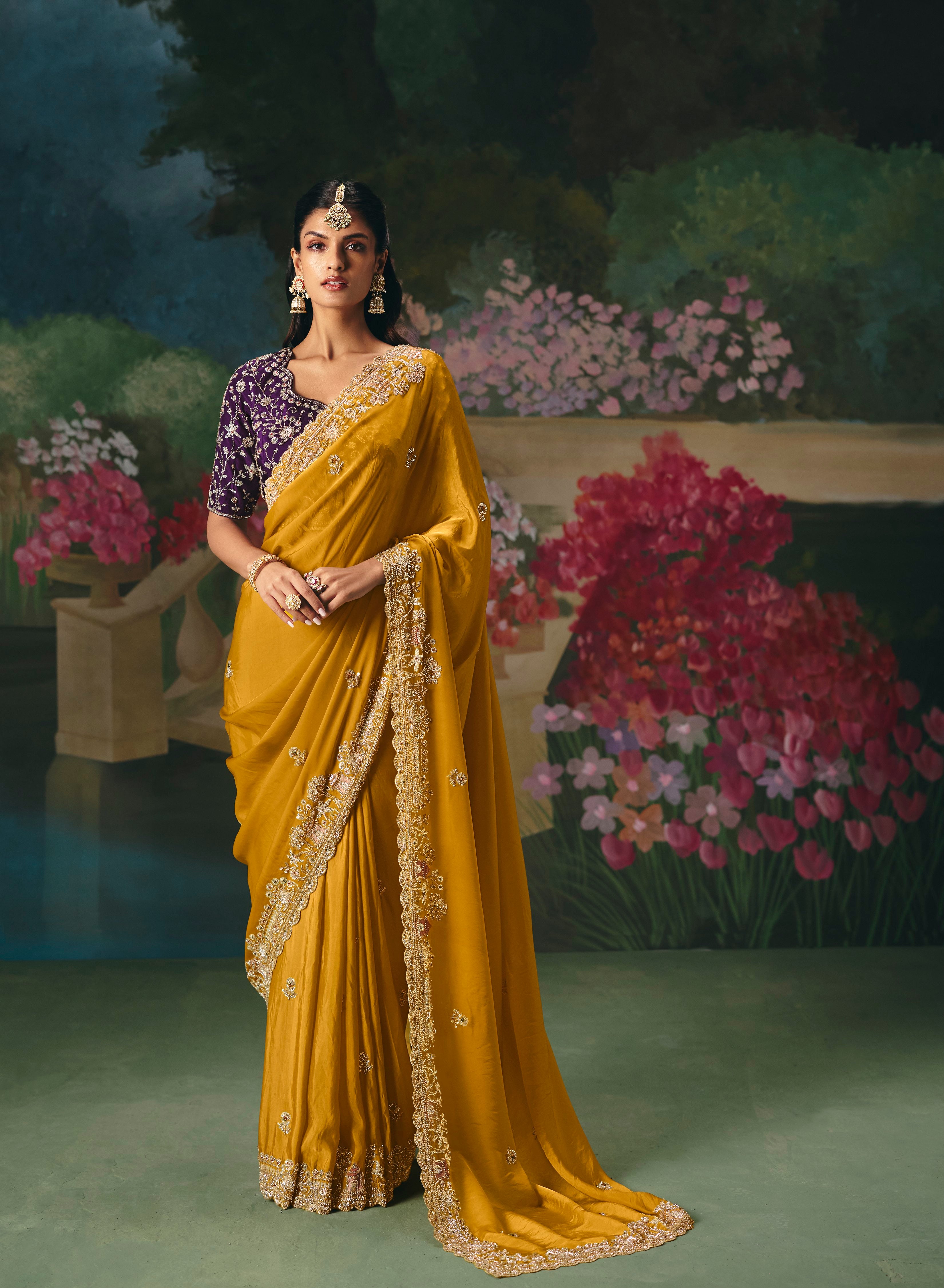 Mustard Premium Fancy Heavy Beads Work Saree