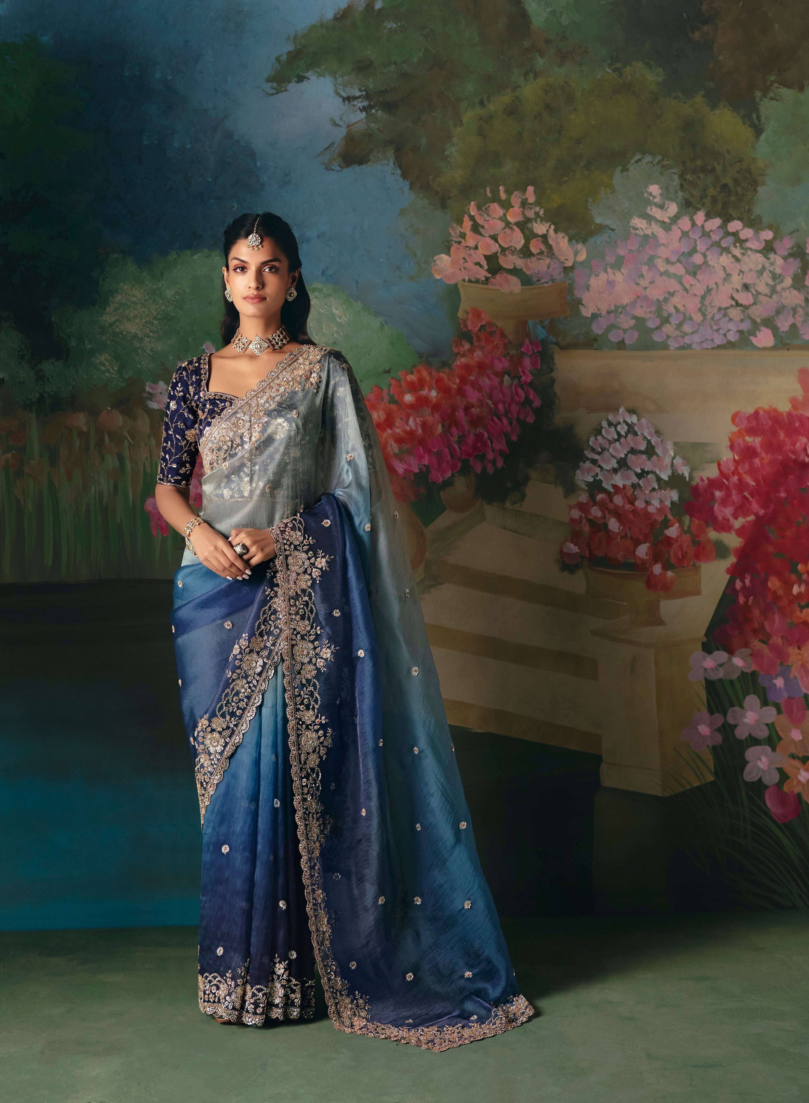 Blue Premium Fancy Heavy Beads Work Saree