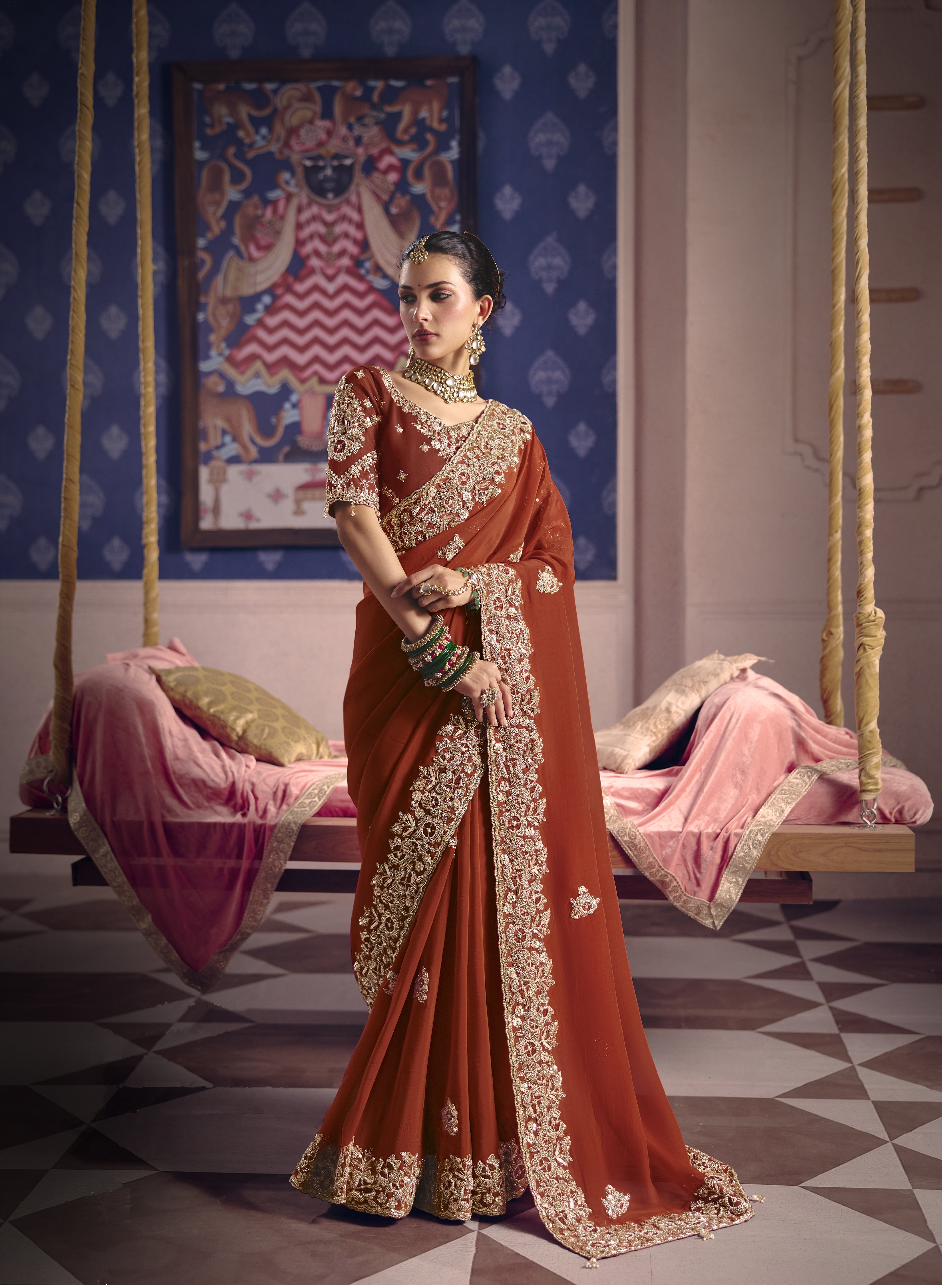 Rust Orange Viscose Zari Tissue Beads Work Saree