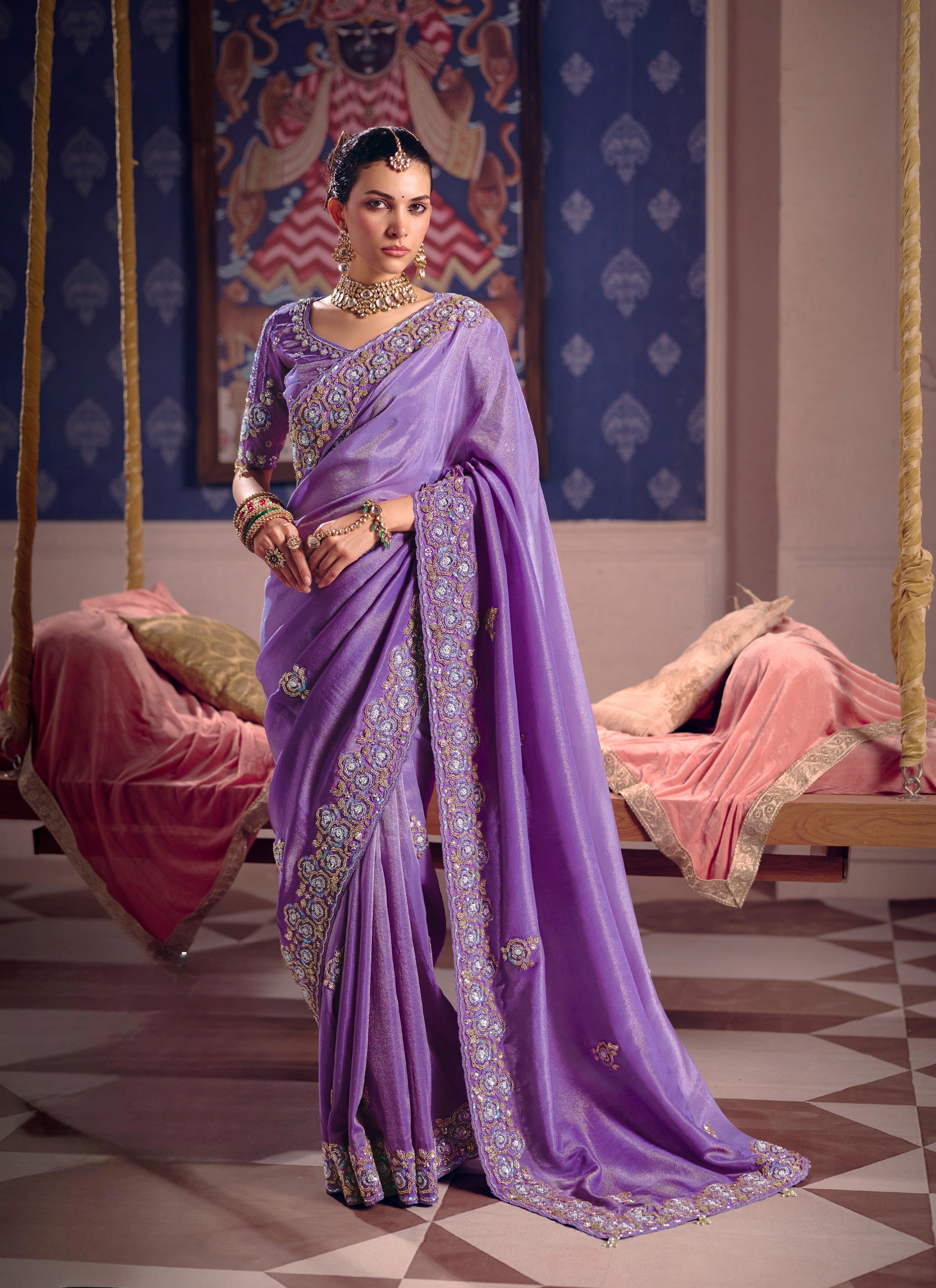 Purple Viscose Zari Tissue Beads Work Saree