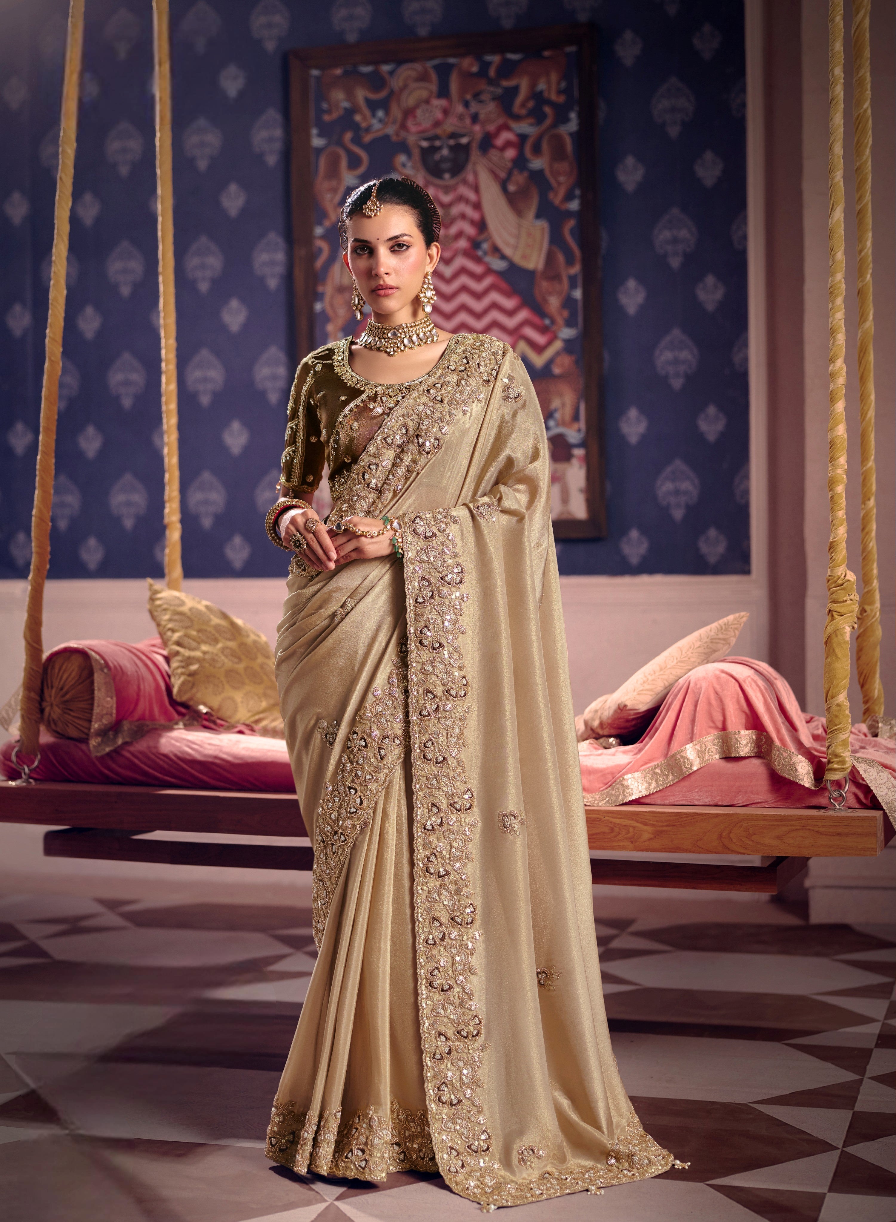 Beige Zari Tissue Beads Work Saree
