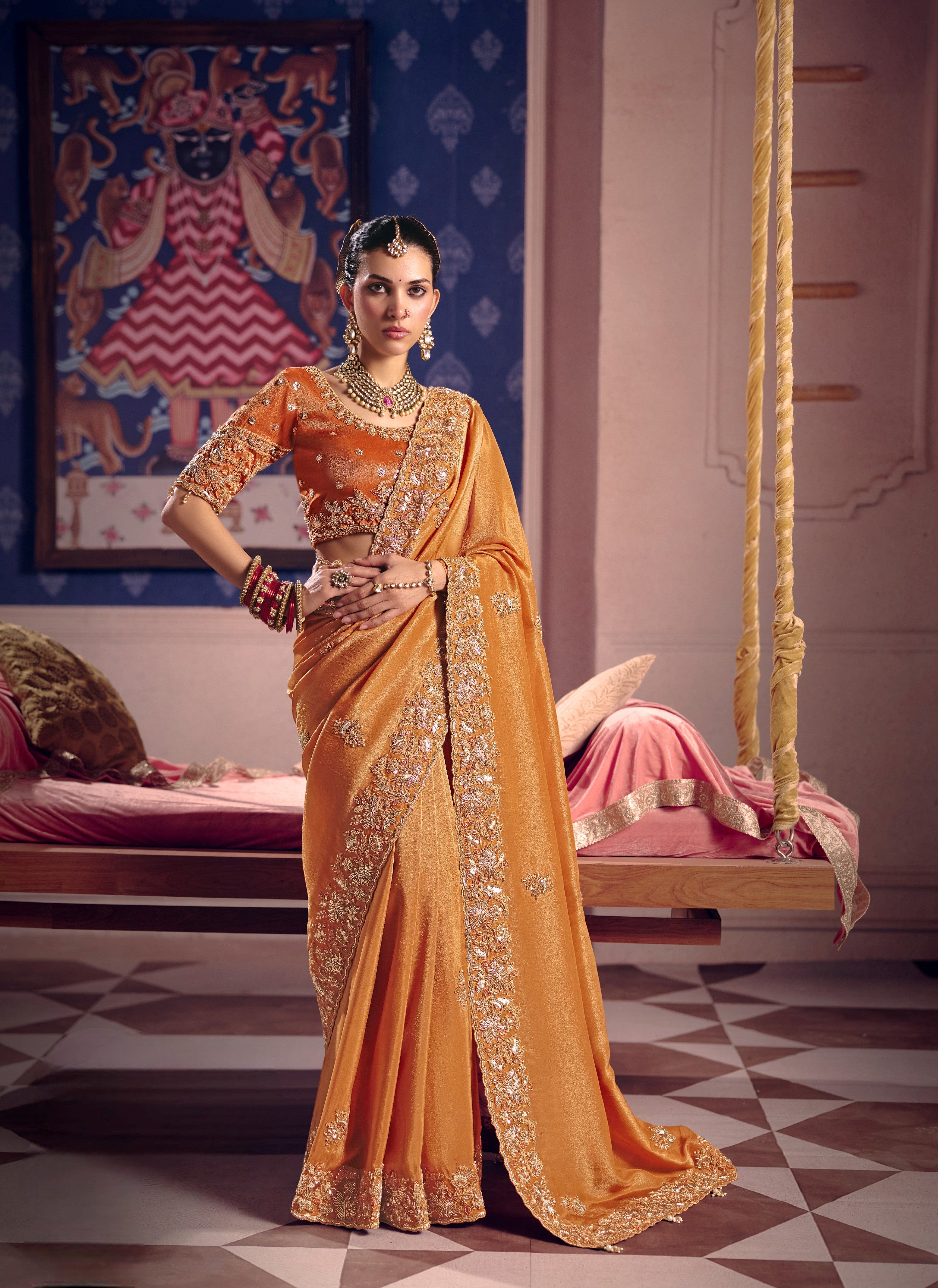 Mustard Yellow Zari Tissue Beads Work Saree