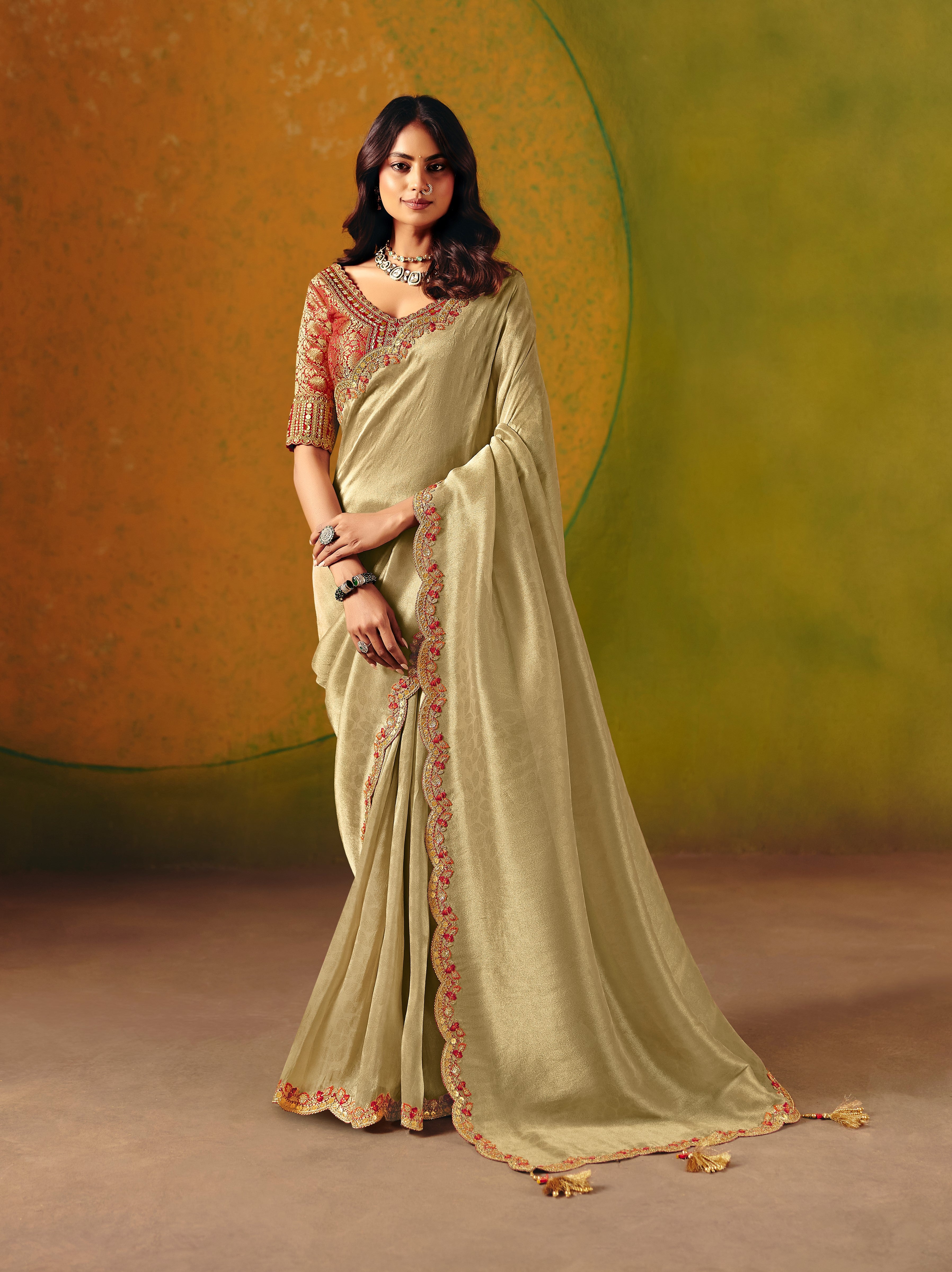 Beige Zari Silk Fancy Border Saree