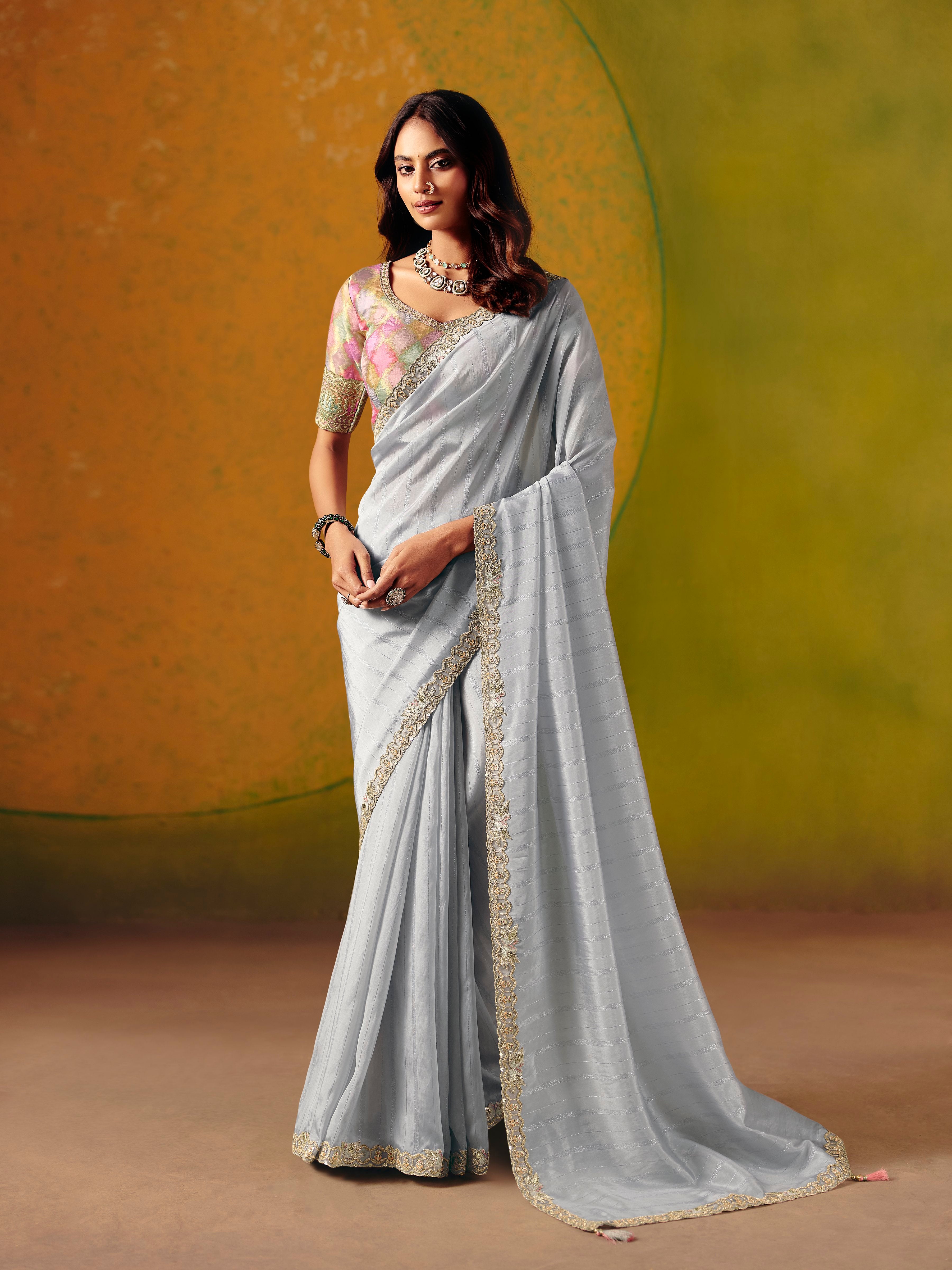 Grey Zari Silk Fancy Border Saree
