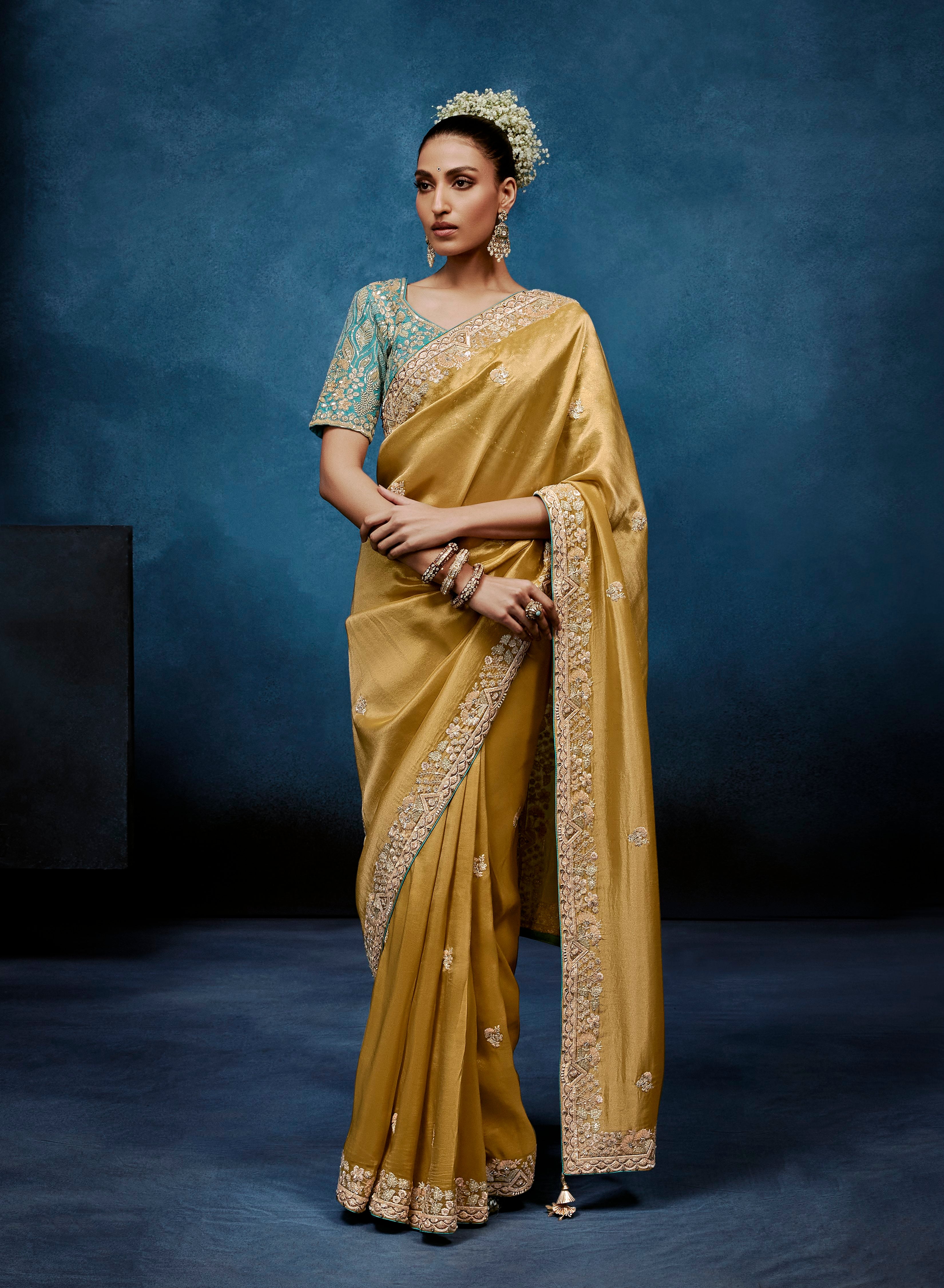 Mustard Fancy Embroidery Borders Saree