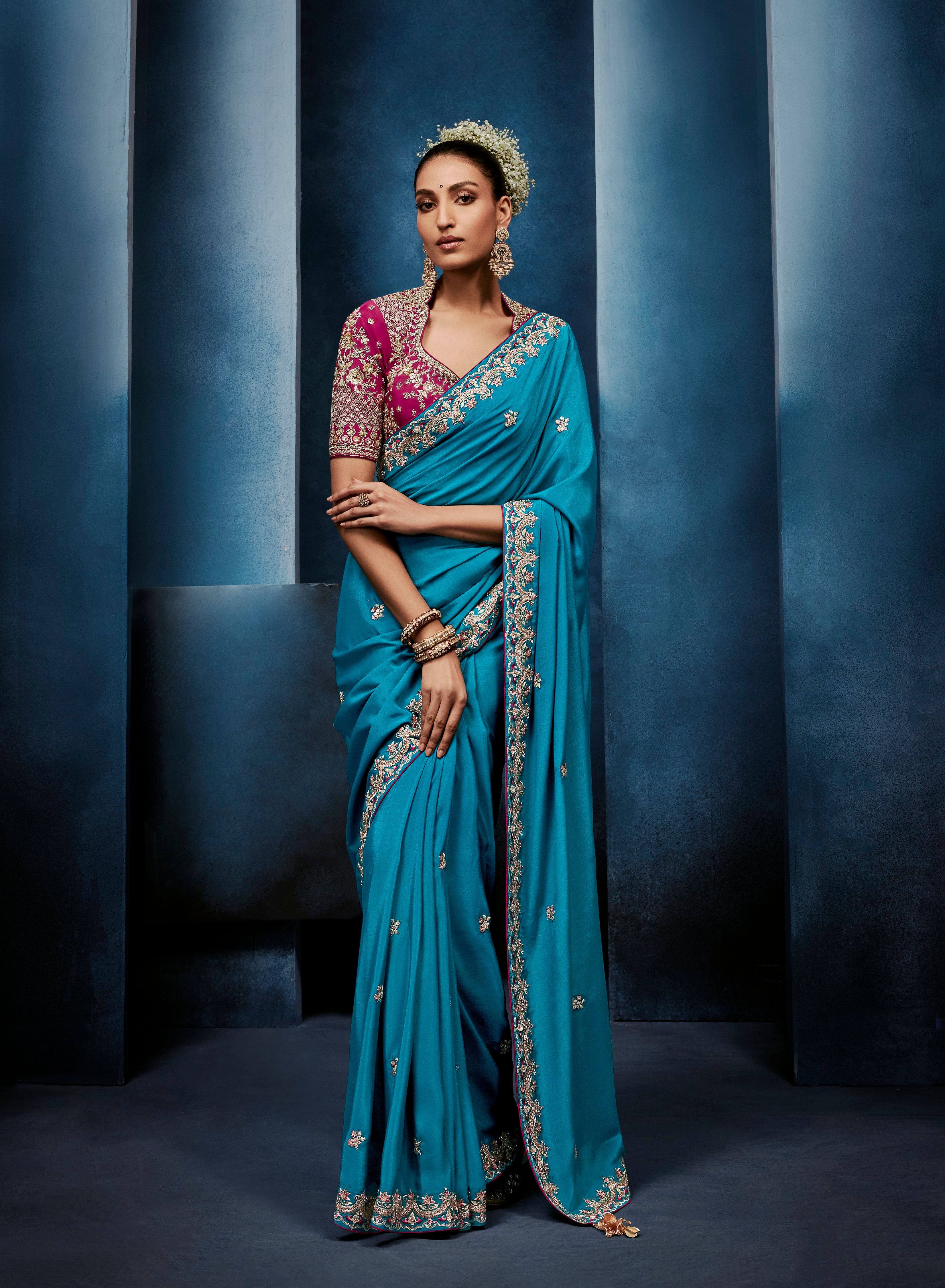 Teal Blue Fancy Embroidery Borders Saree