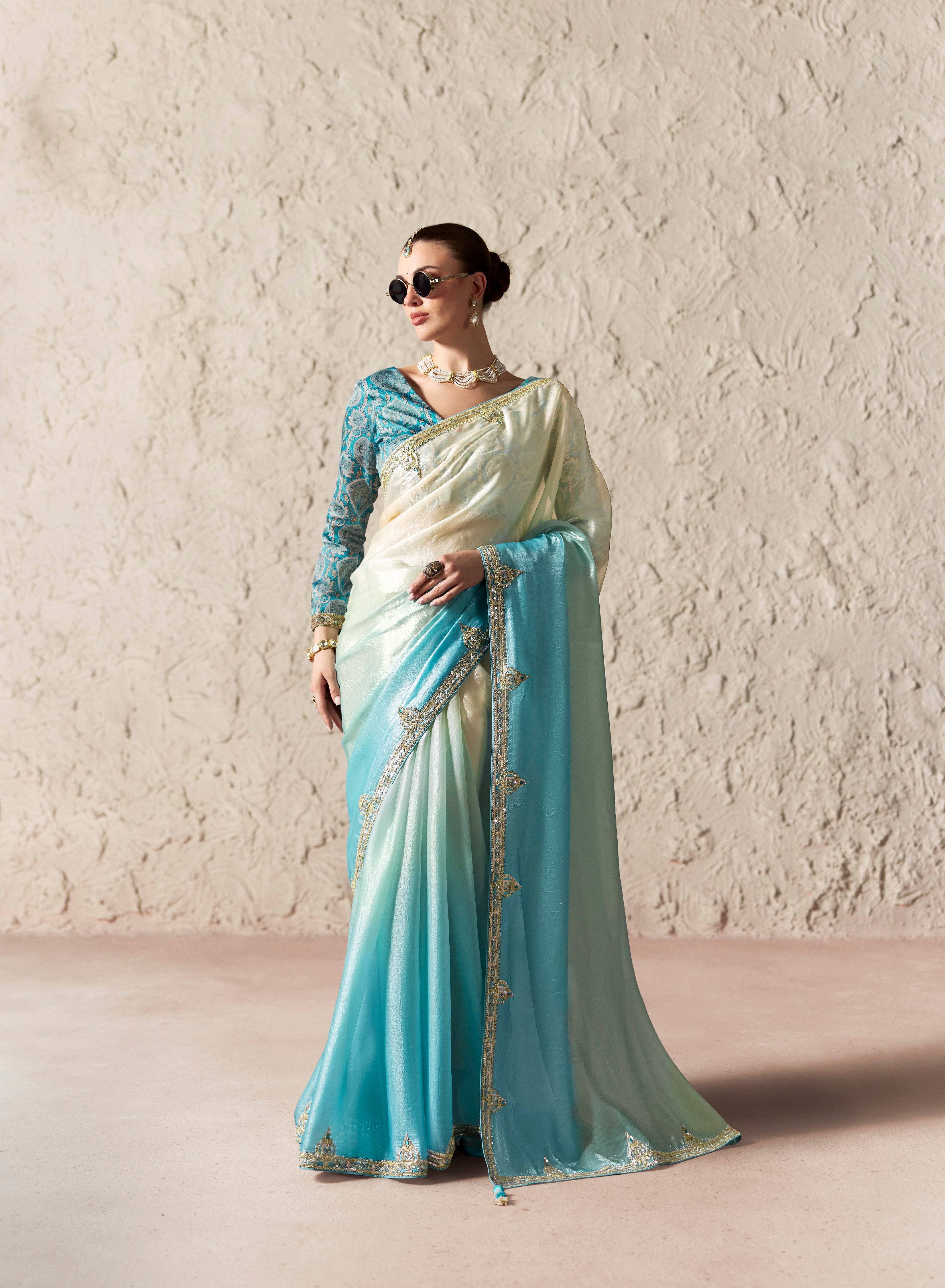 Sky Blue Glass Tissue Designer Borders Saree