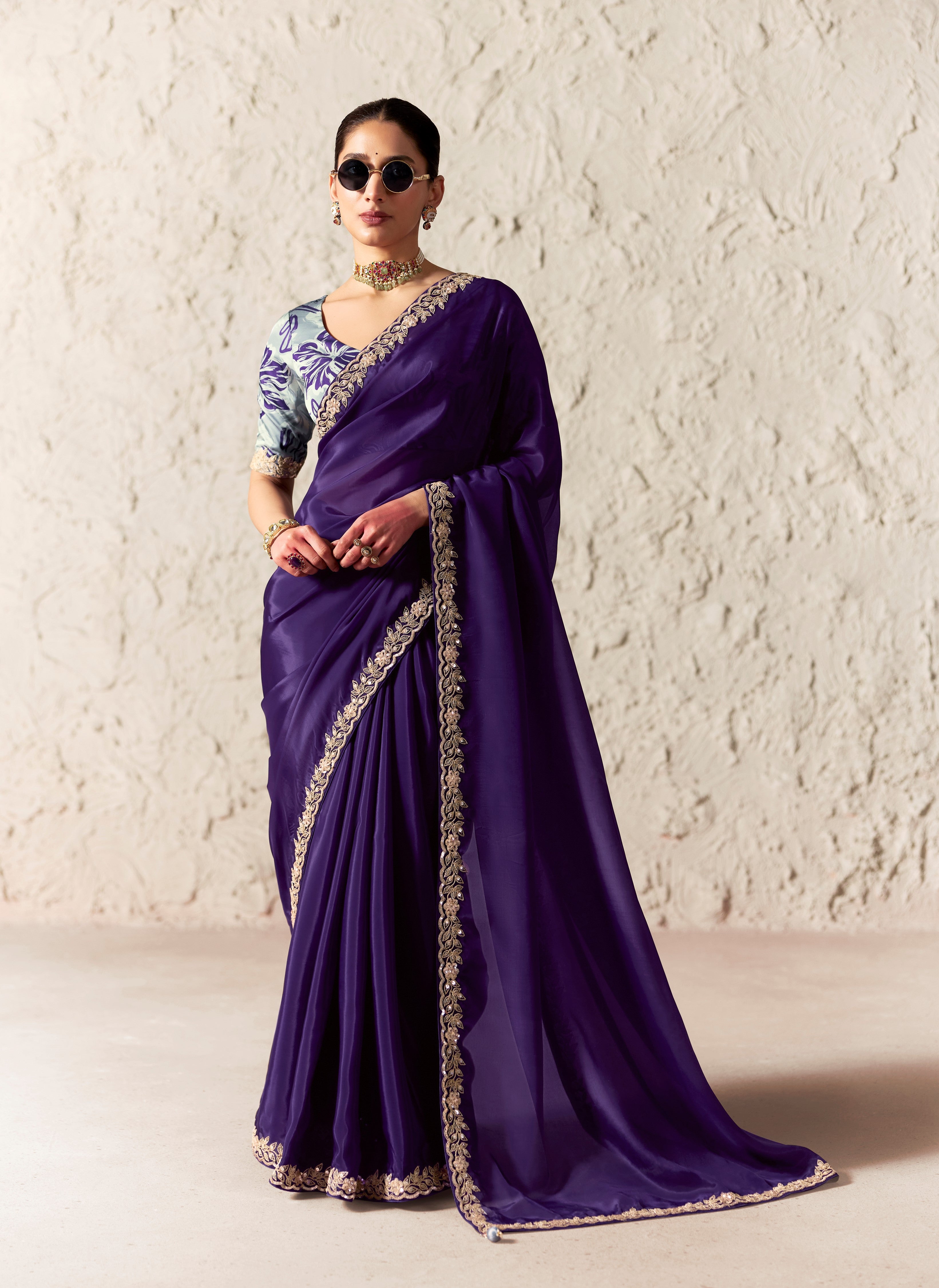 Purple Glass Tissue Designer Borders Saree