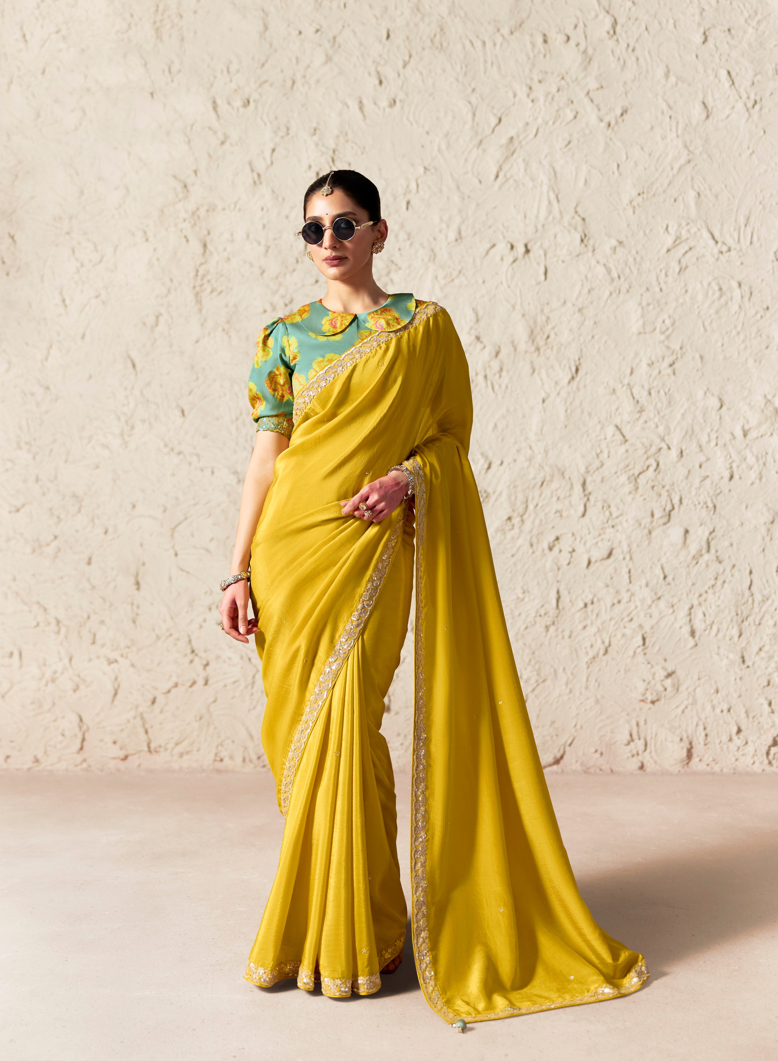 Yellow Glass Tissue Designer Borders Saree