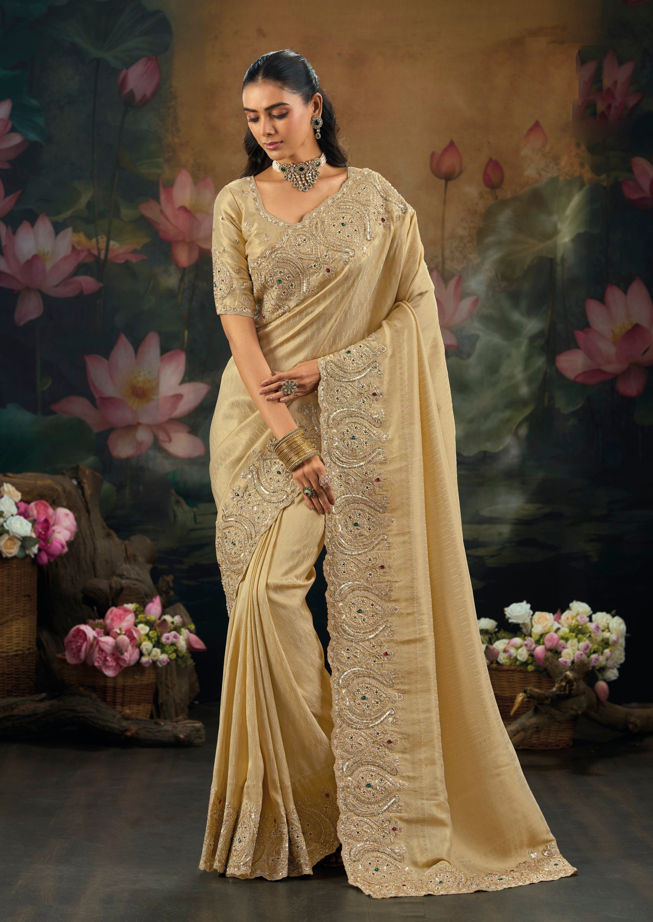 Beige Pure Kanjivaram Moti Cut Dana Saree