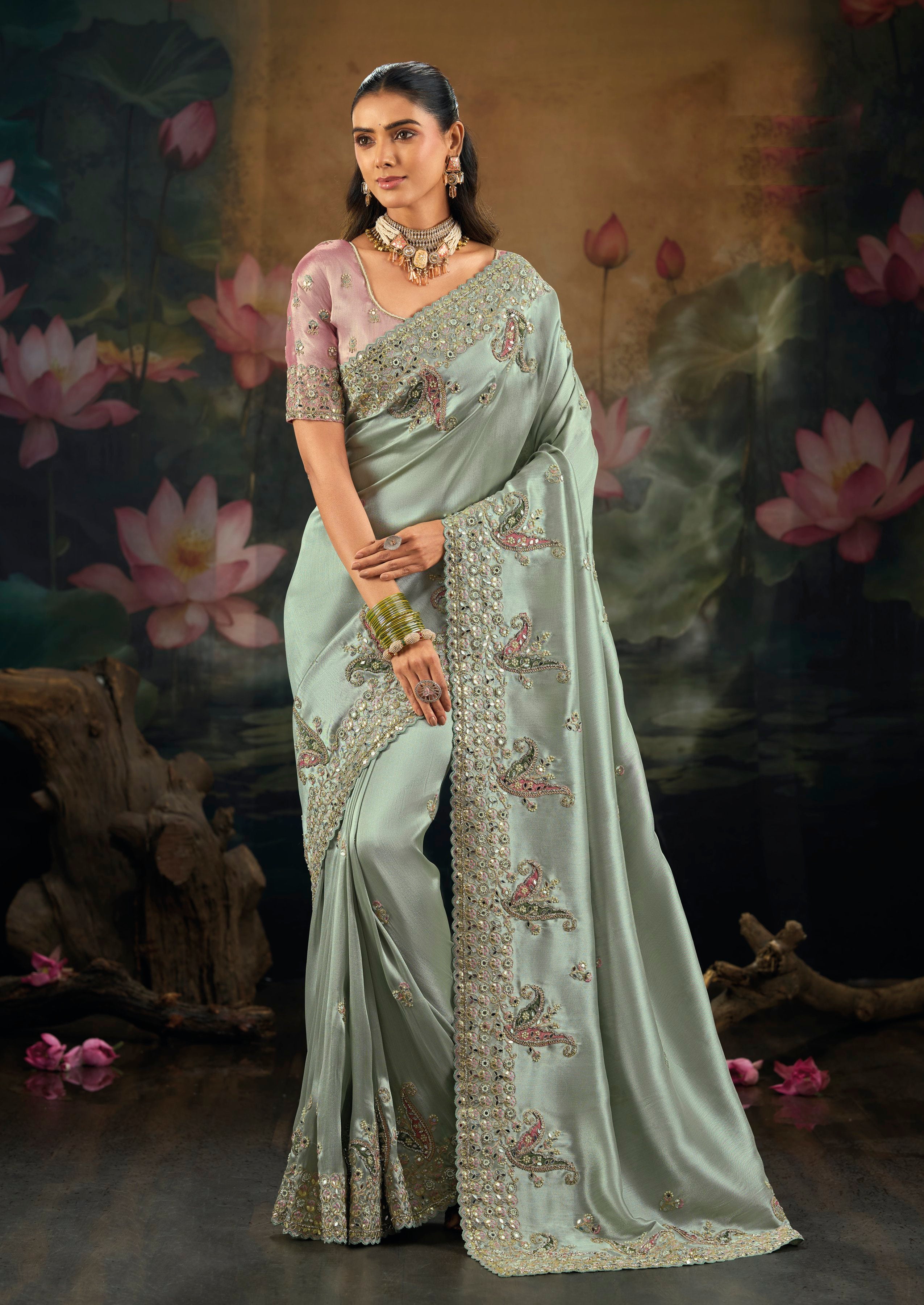 Sea Green Pure Giraffe Silk Mirror Work Saree