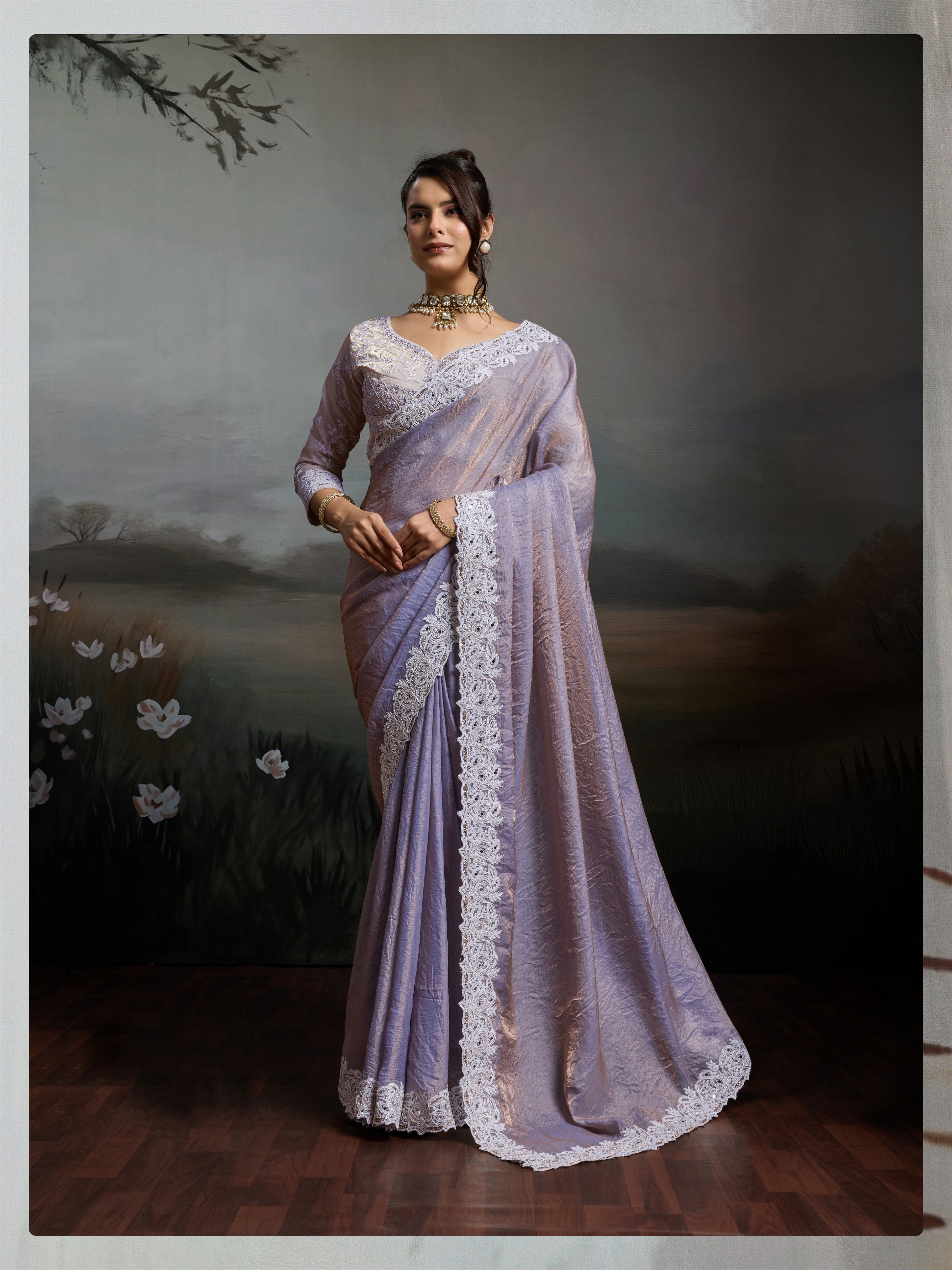Lavender Satin Velvet Ivory Embroidery Saree