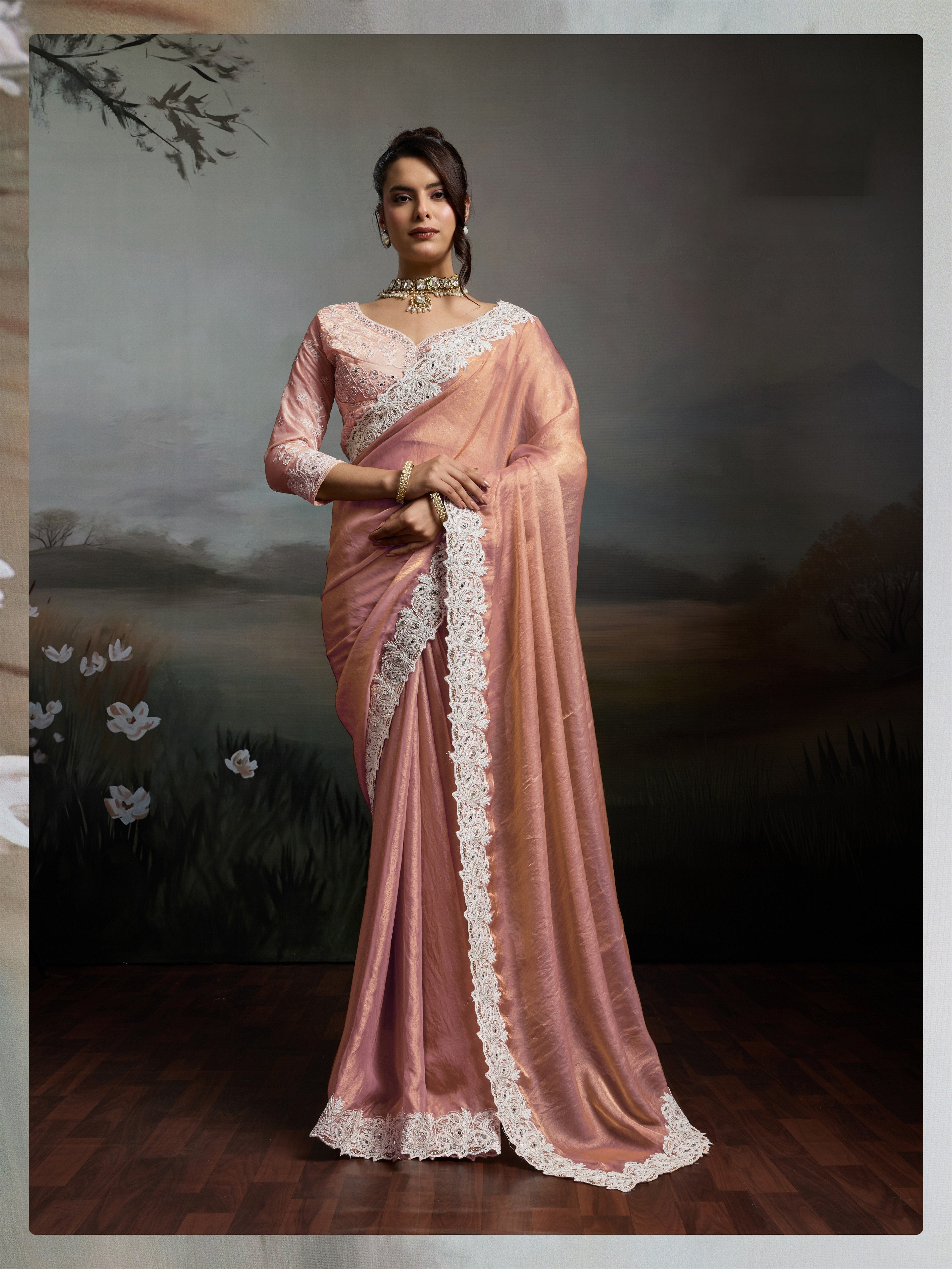 Peach Satin Velvet Ivory Embroidery Saree