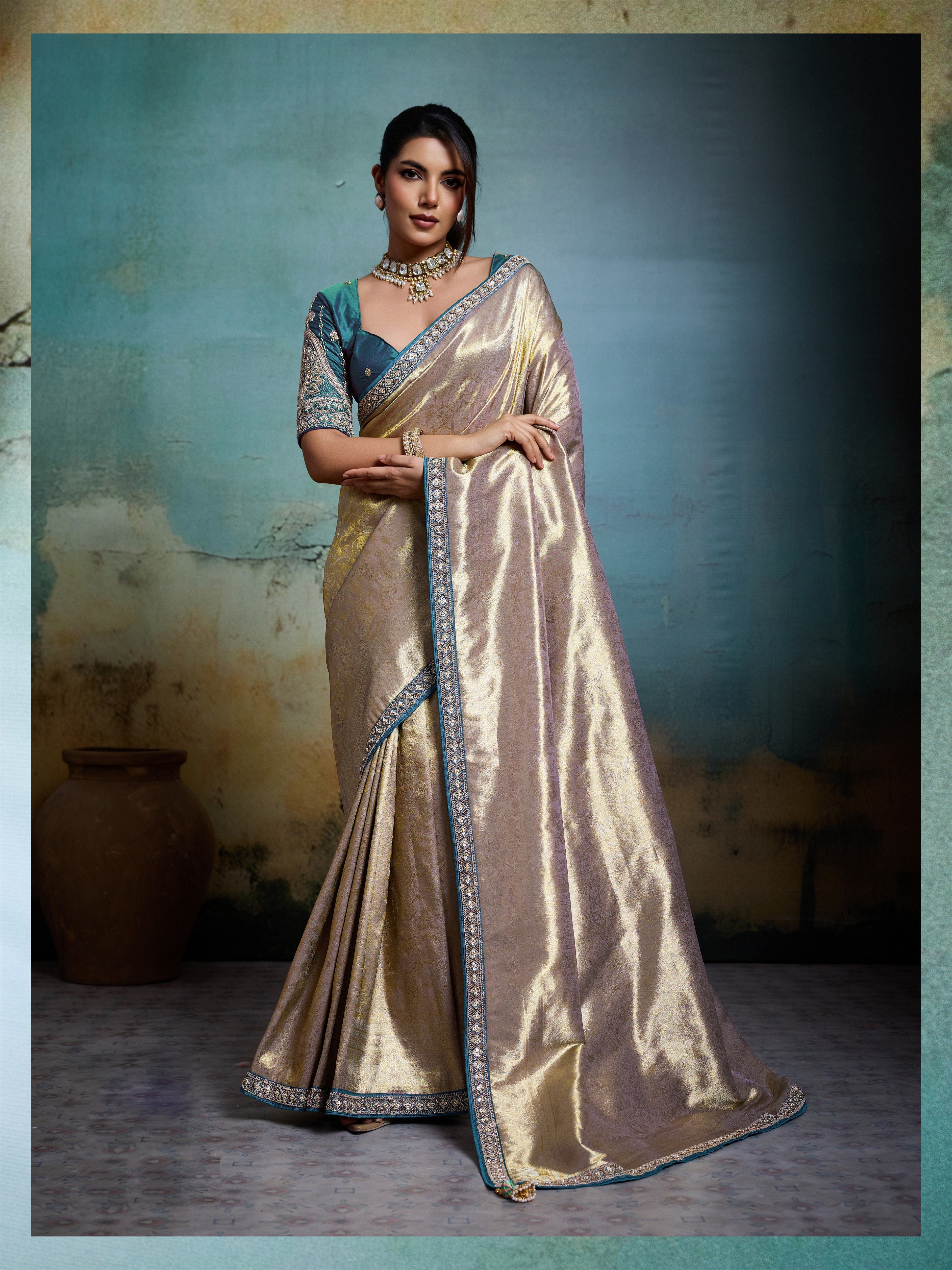 Blue Beige Woven Tissue Banarasi Saree