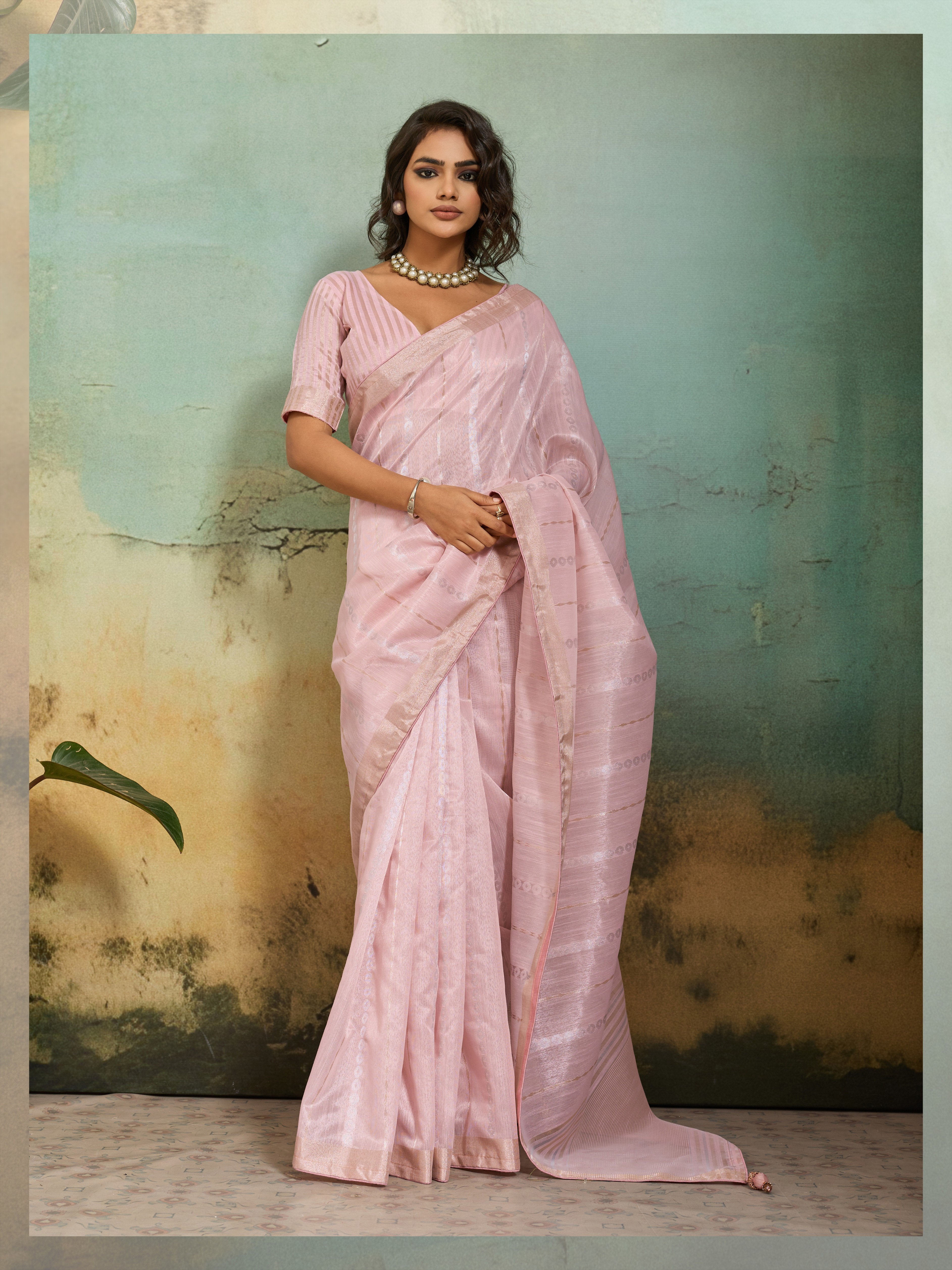 Pink Tissue Linen Blend Saree